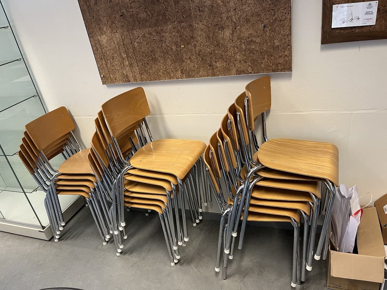 School style stackable chairs with wood seat and steel legs - Relieve Furniture