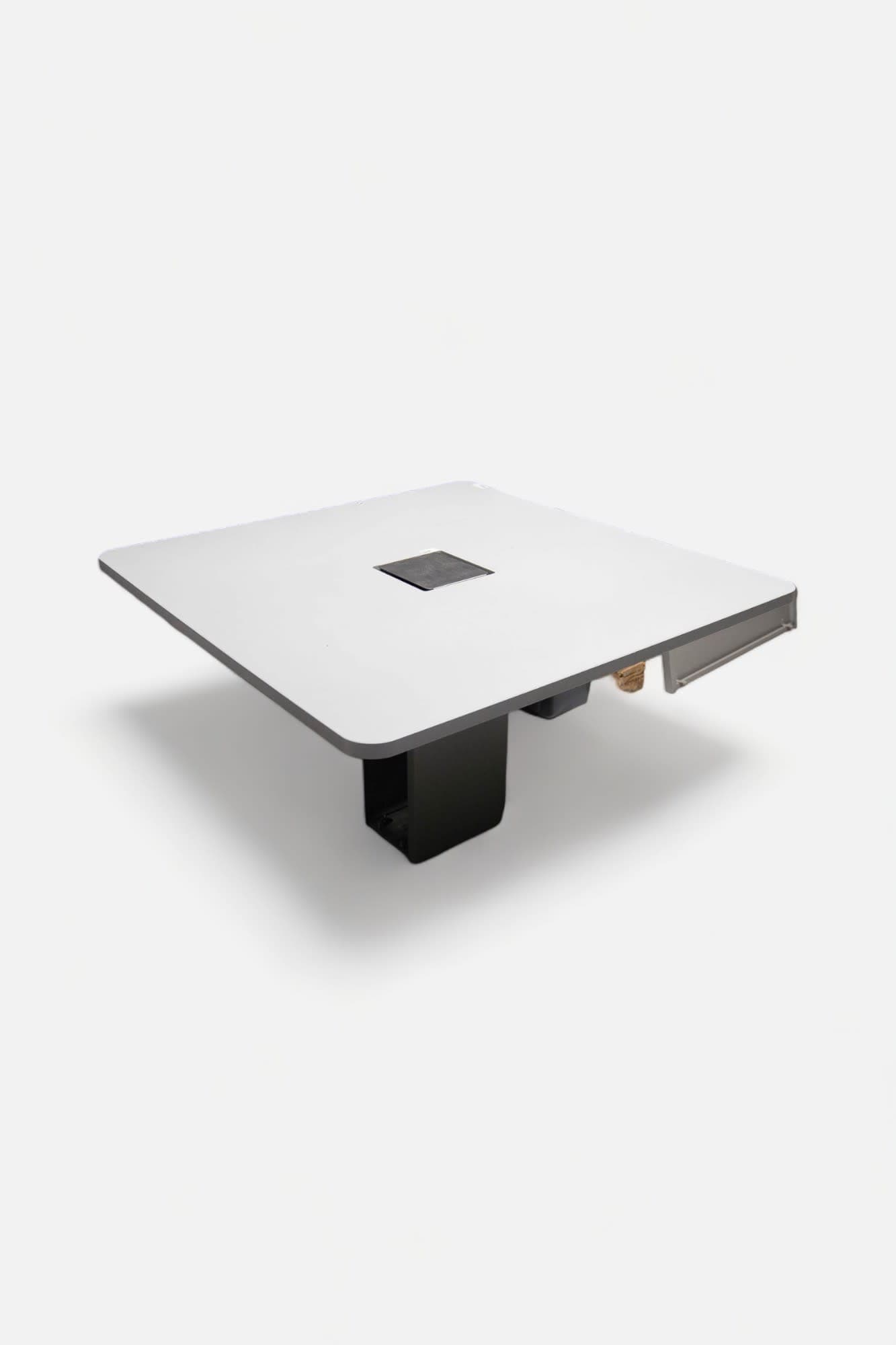 Table de réunion Bulo Grey sur pied carré gris avec accès au plateau en métal