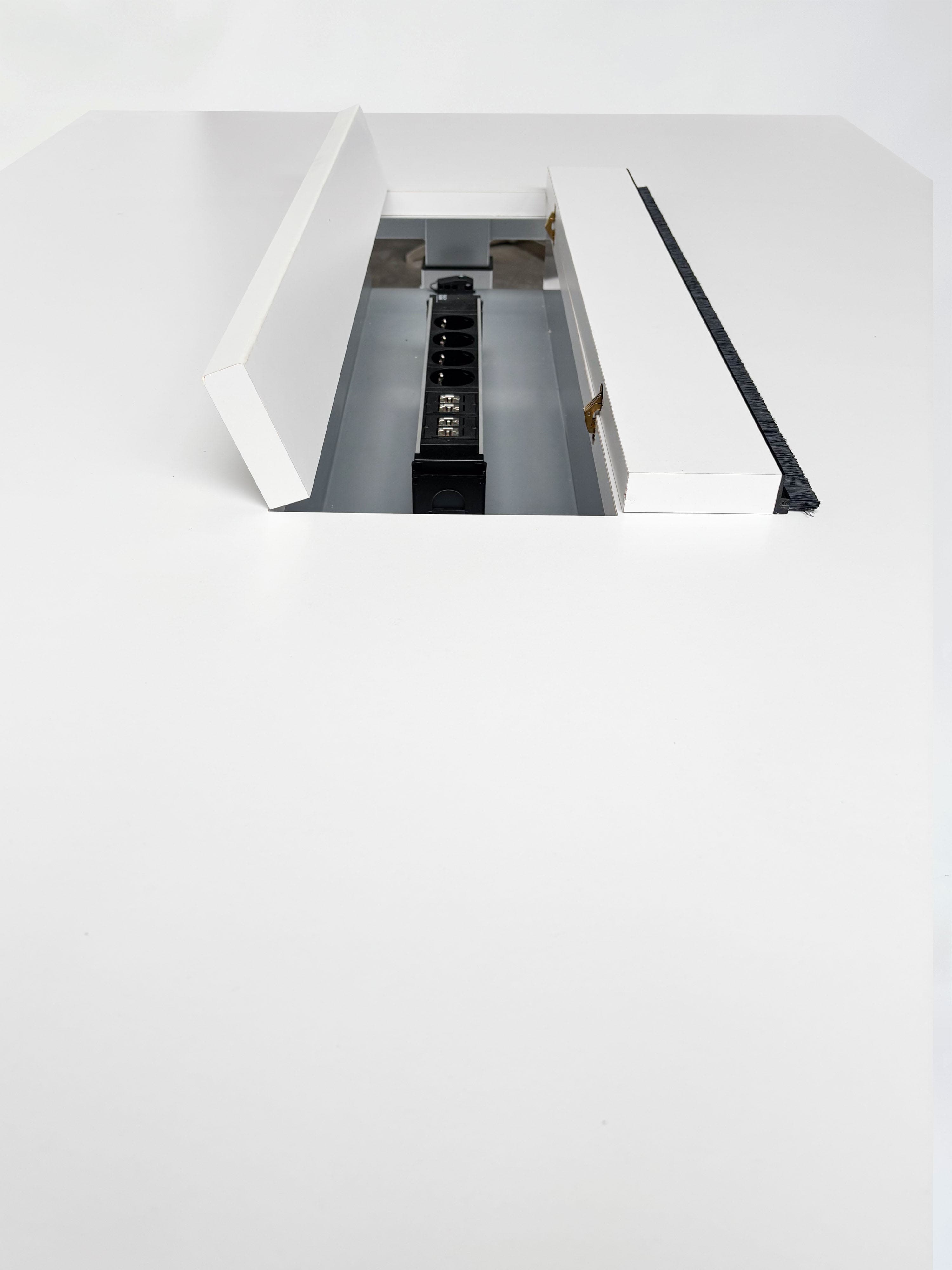 Gumpo 160cm table de réunion blanche avec passage de câbles sur pieds gris