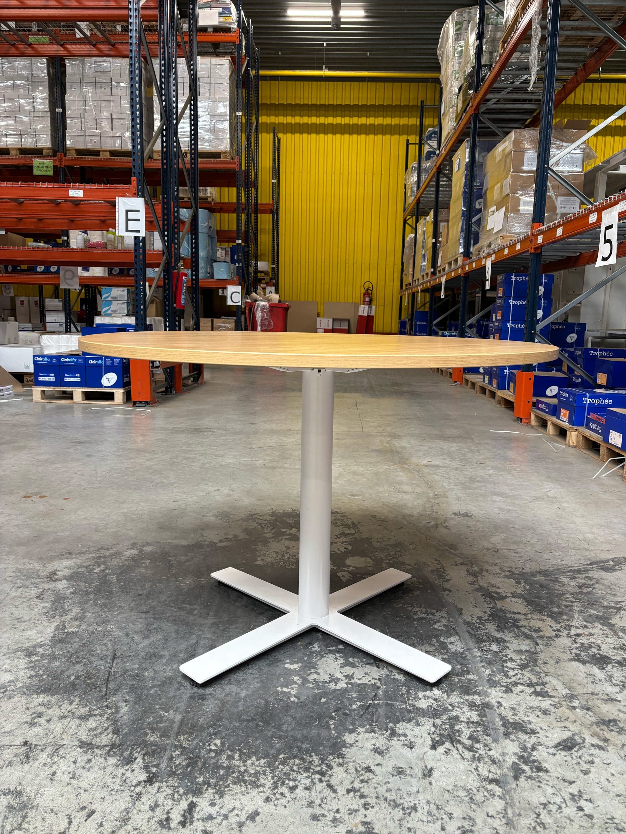 110cm Round Oak Table with White Metal Base-1