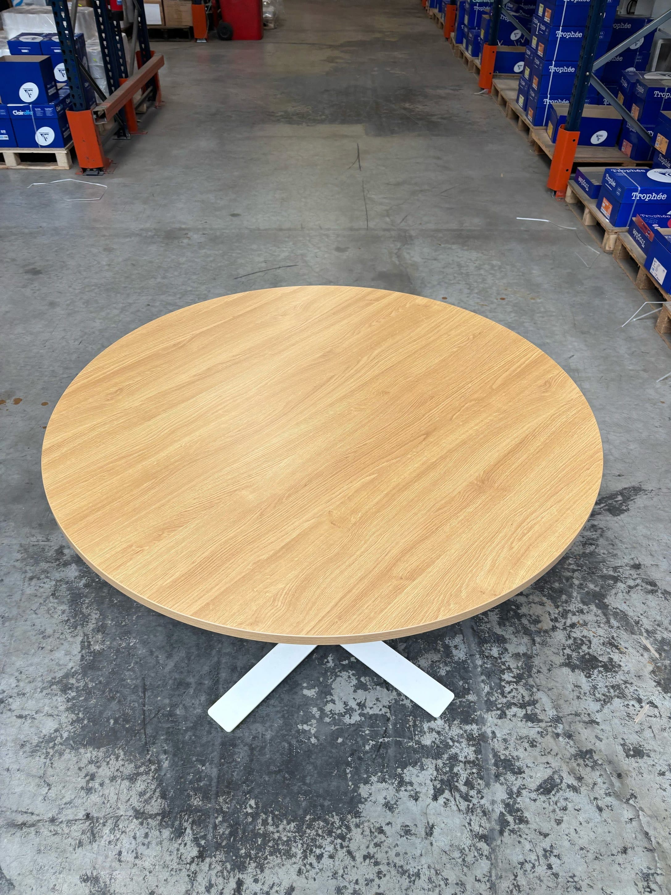 110cm Round Oak Table with White Metal Base-3