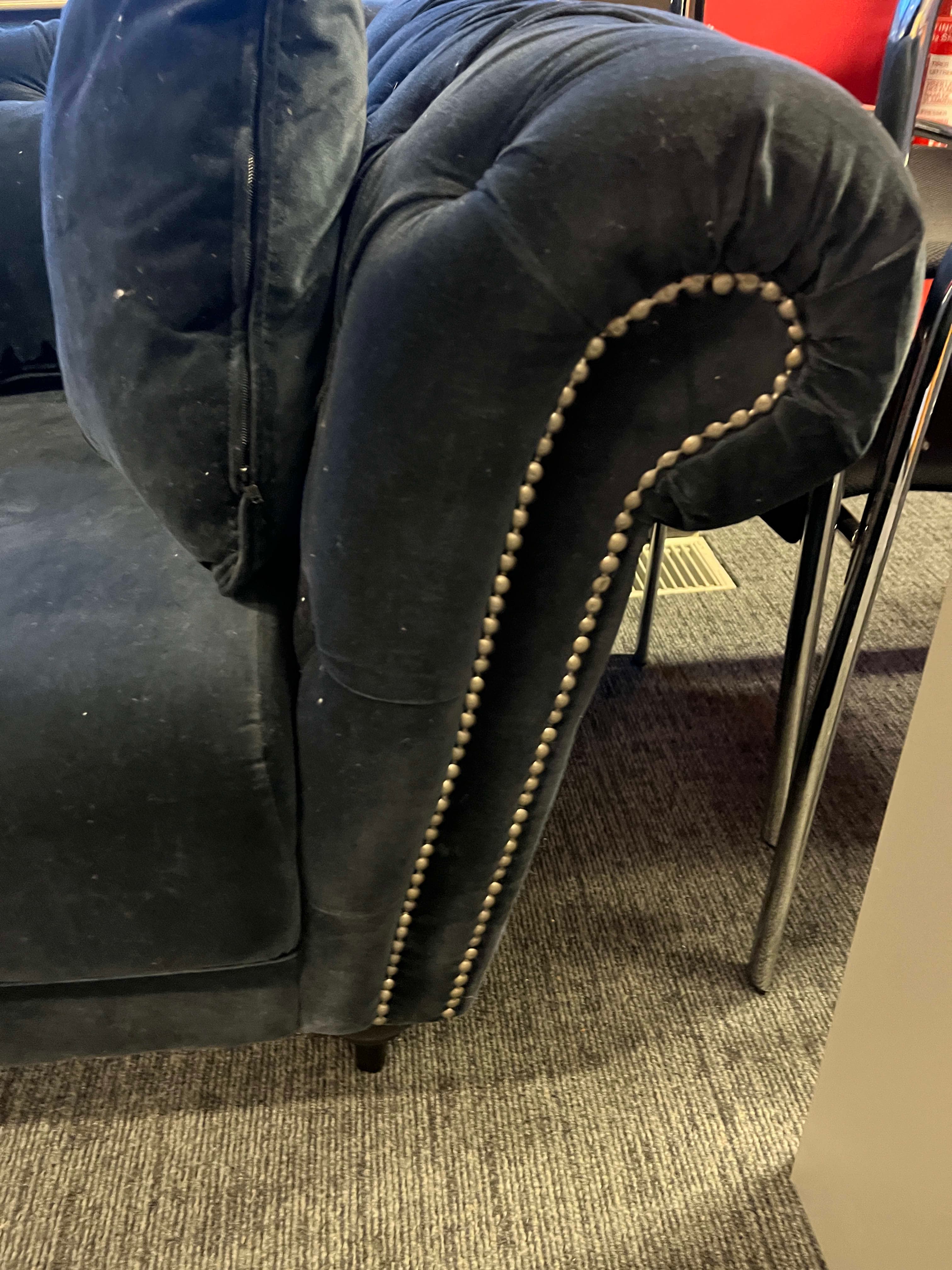 WORN : Blue navy velvet sofa with some damage on the armrest-2