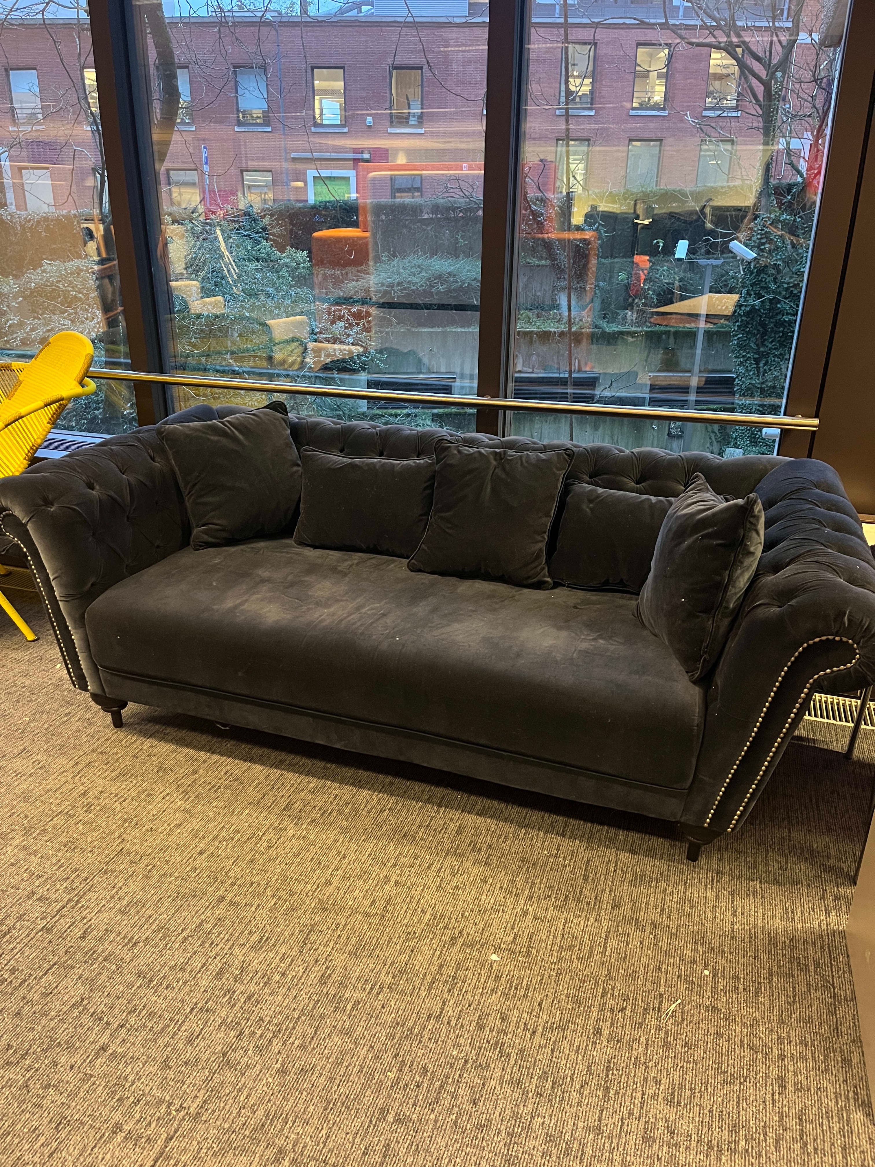 WORN : Blue navy velvet sofa with some damage on the armrest-1