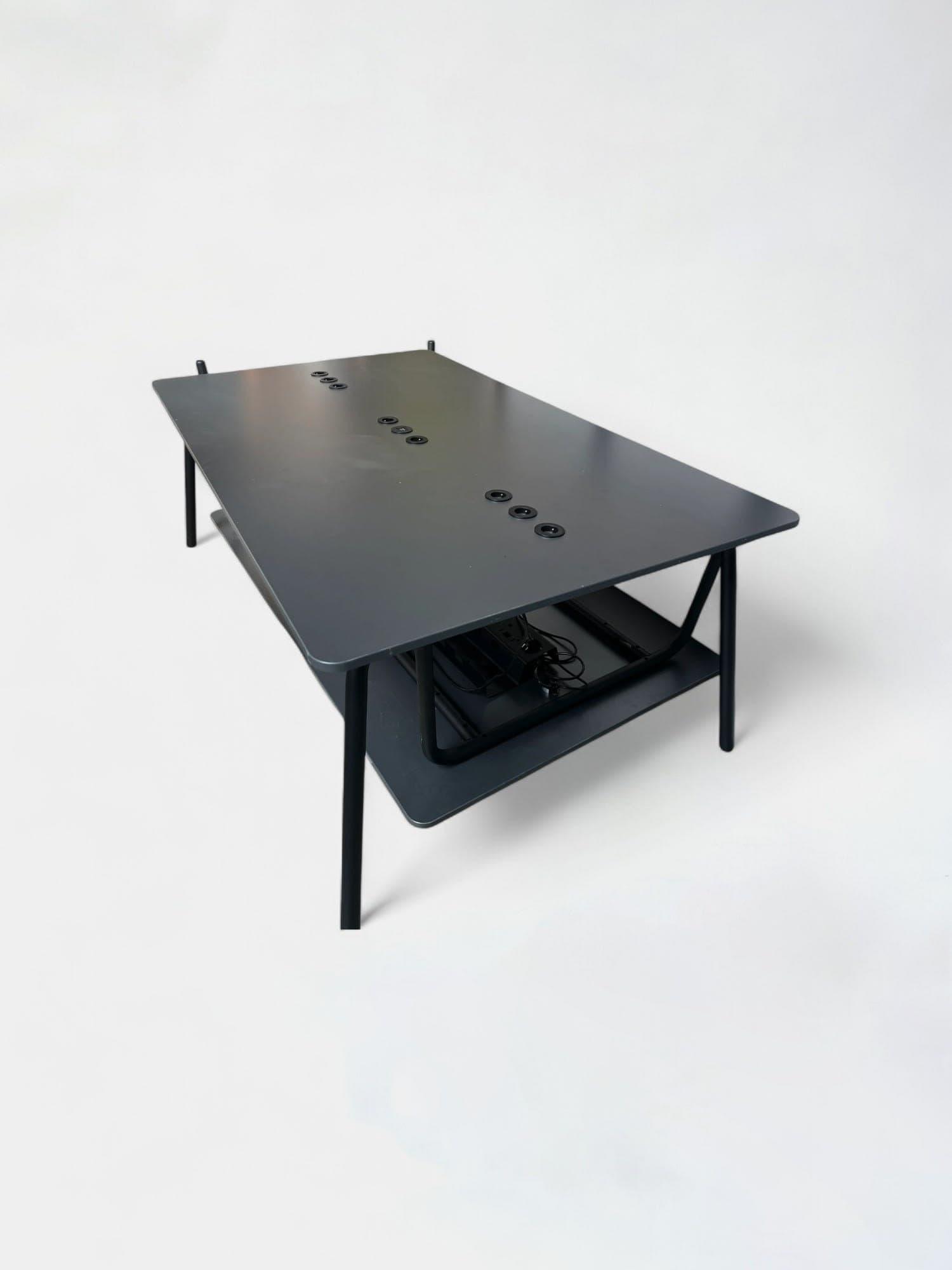 200cm Sedus Black meeting table with integrated sockets with some scratches on the top