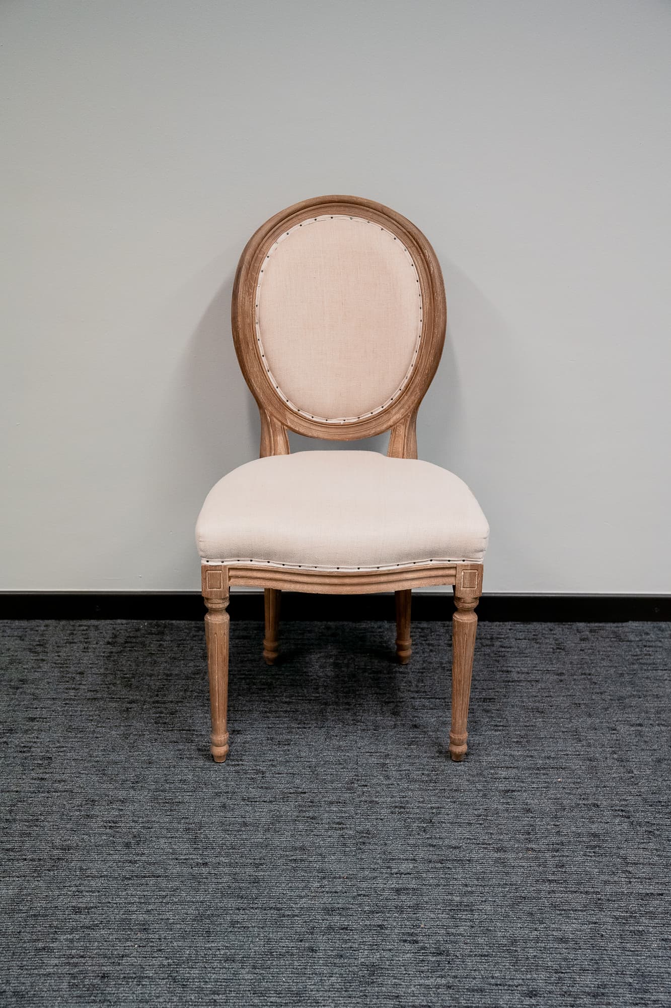 Antique chair in wood and grey fabric-0