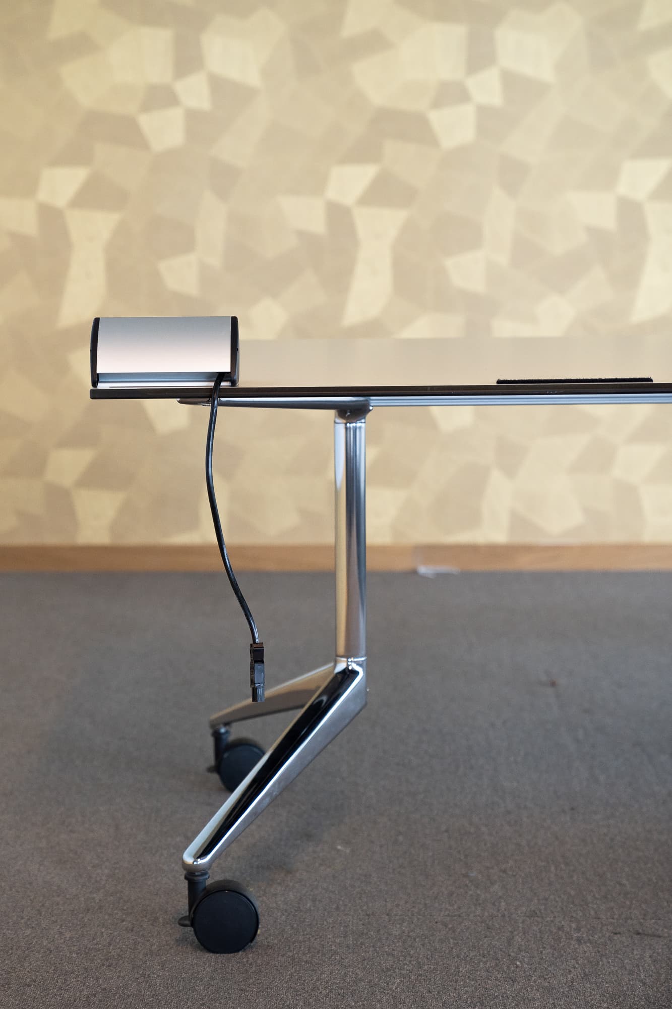 Ahrend 90cm depth beige Table on 2 wheels with socket-1