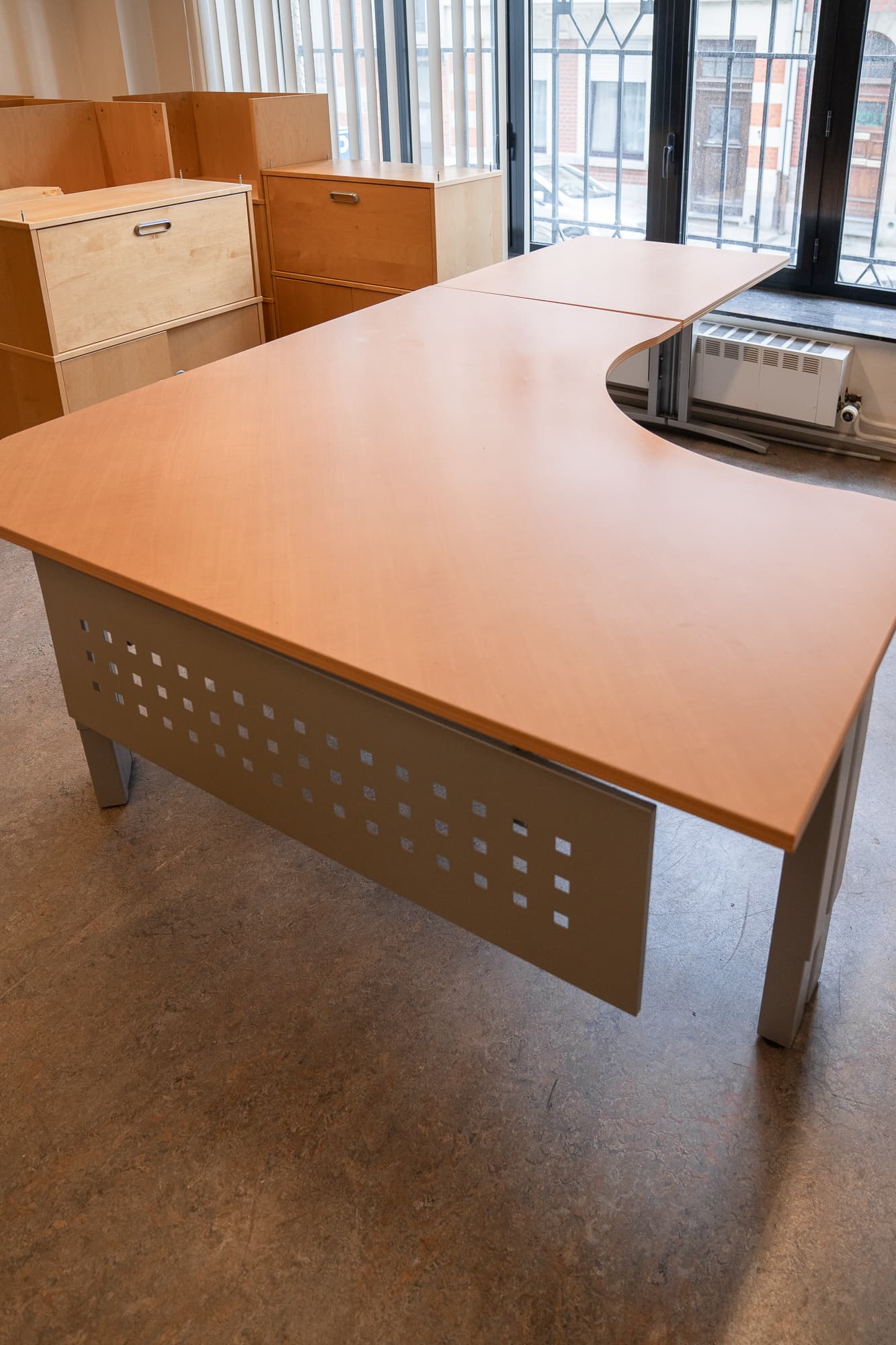 large L-shaped desk with metal legs and extension-1