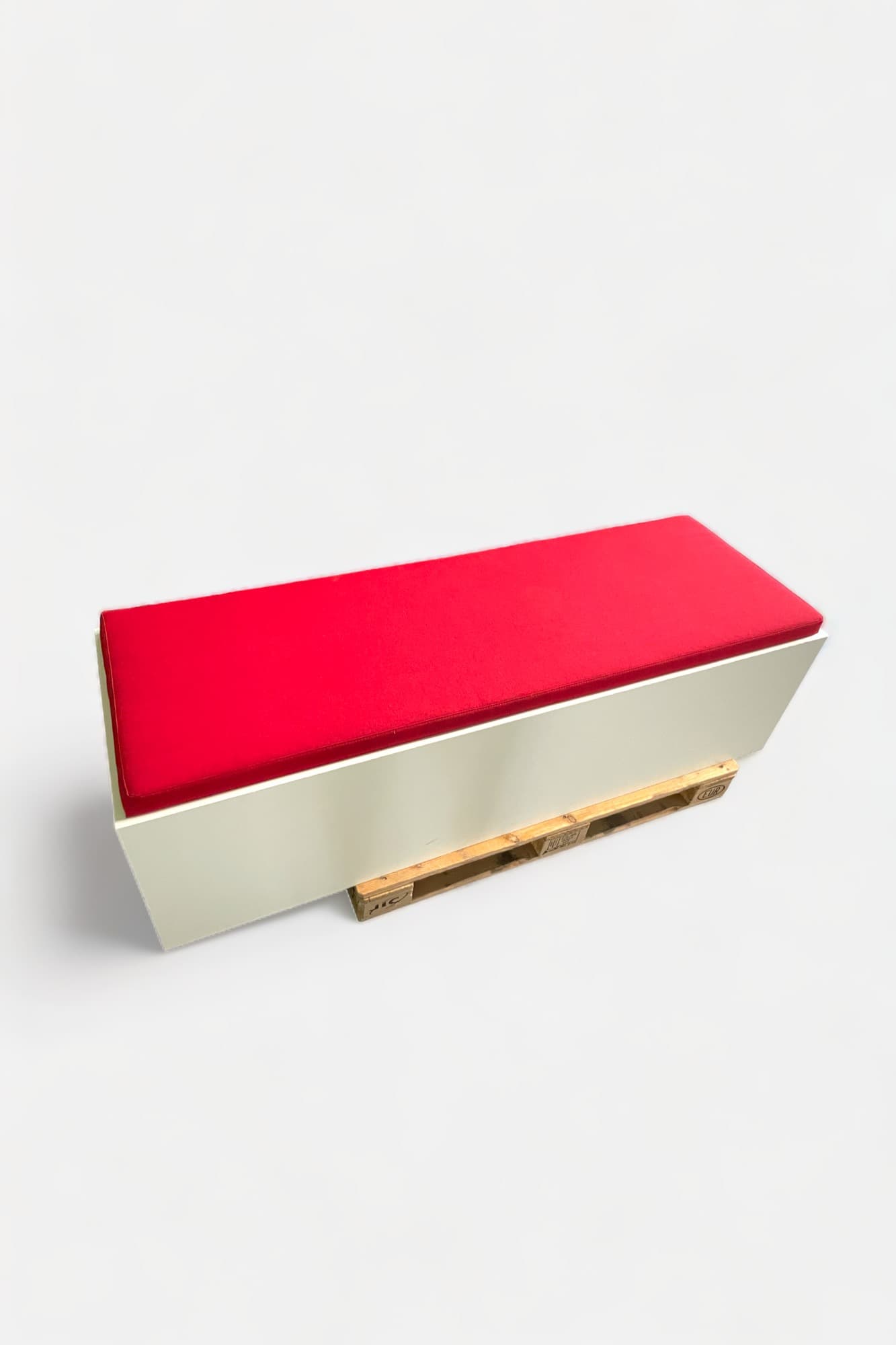 White wooden bench seat with red fabric-0
