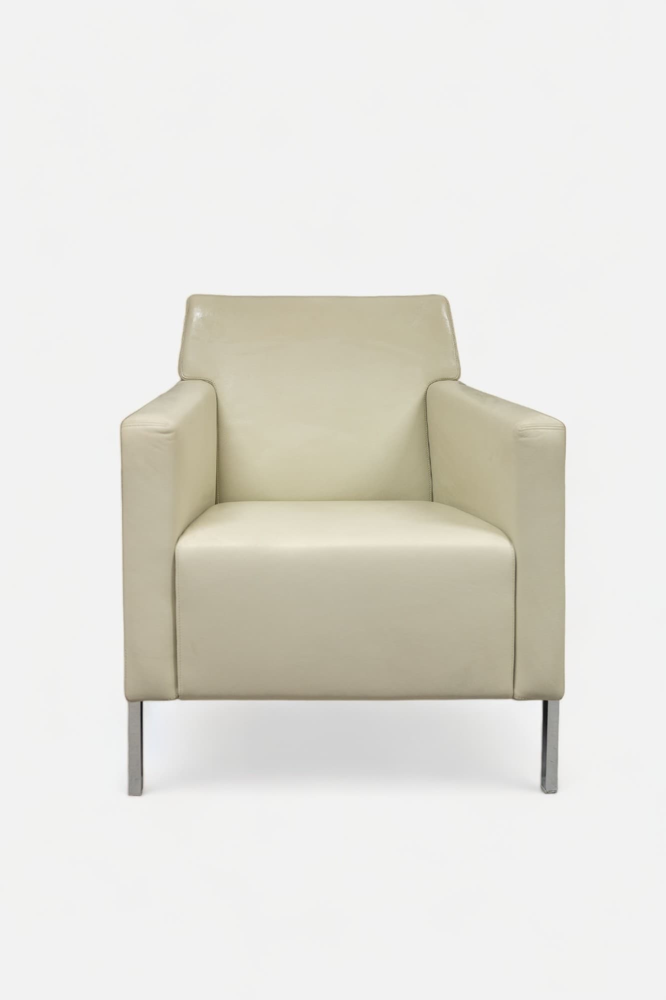 Fauteuil Moroso en cuir blanc/crème beige avec pieds en acier-1