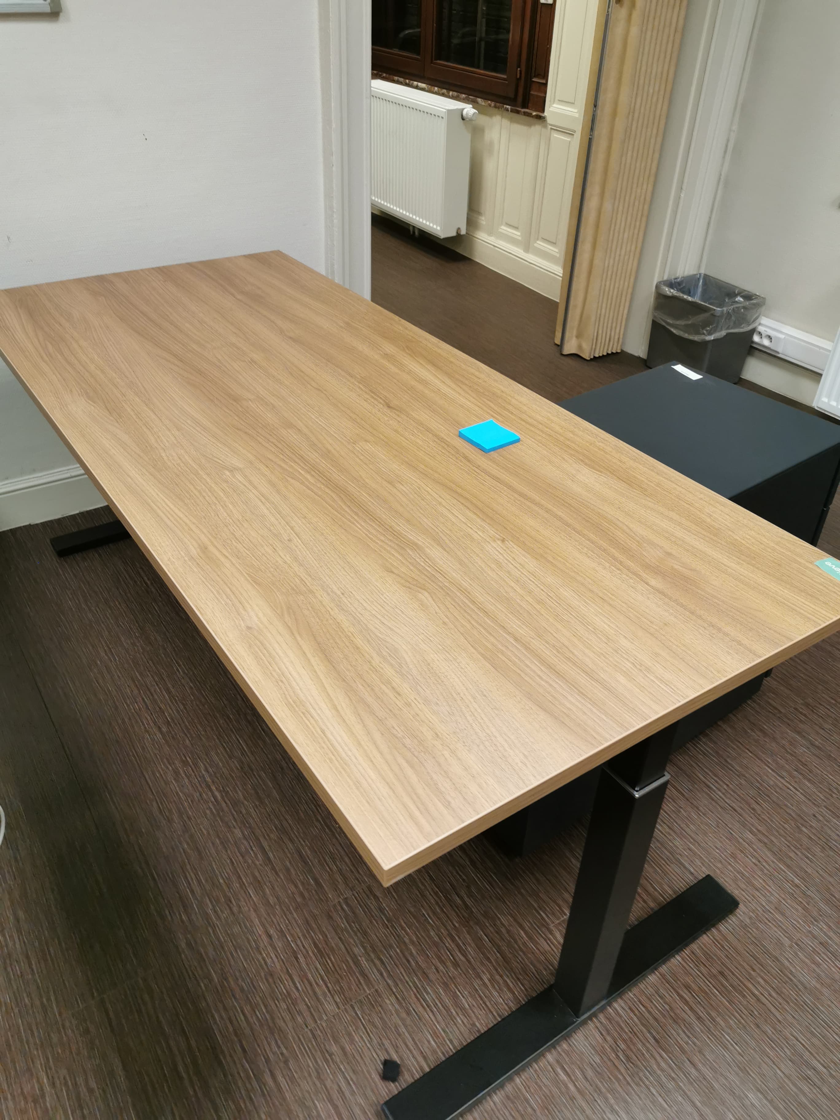 Medium brown wood desk on adjustable T black legs 180cm-1