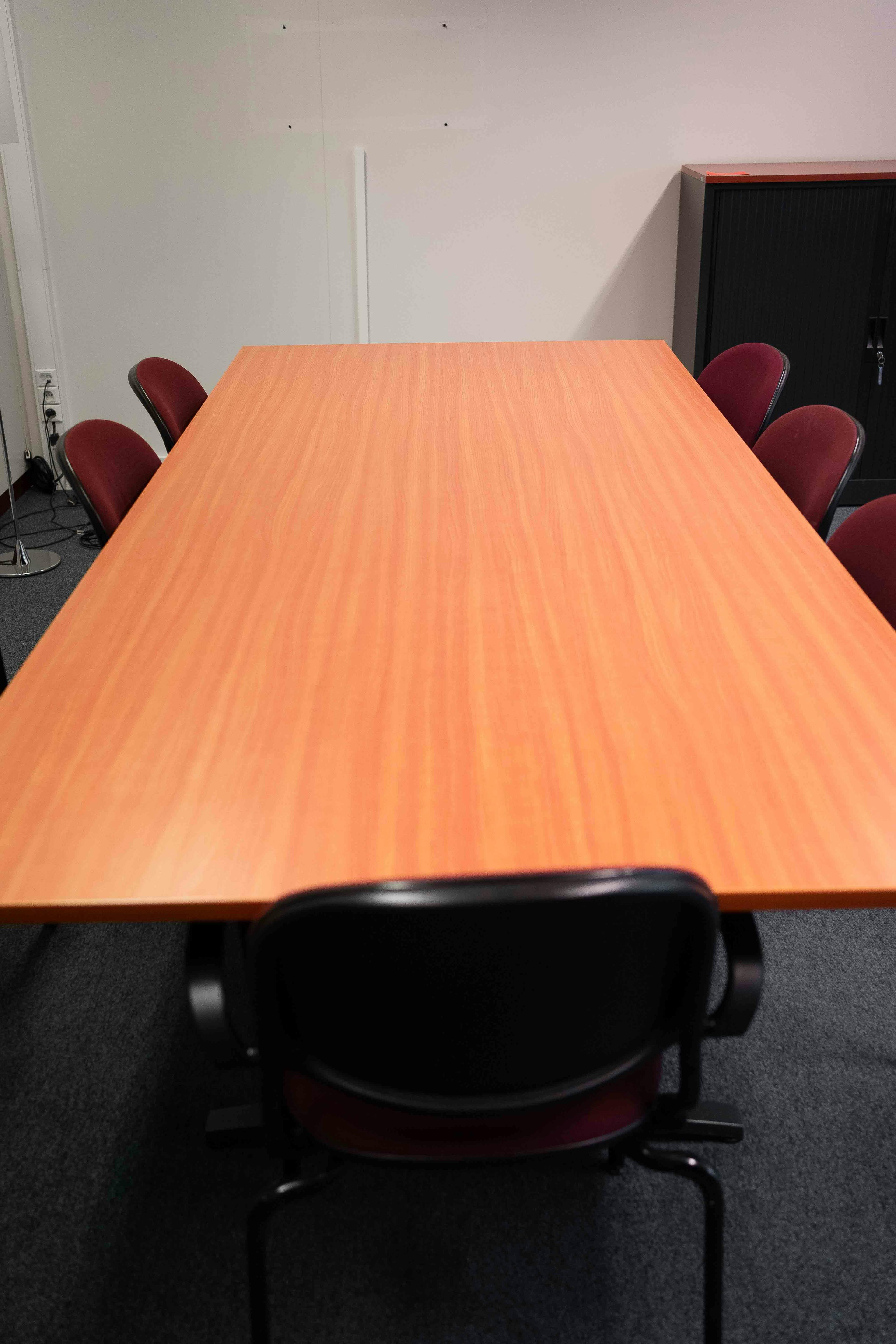 Large 280cm orange wood meeting table with T dark Grey legs - Relieve Furniture