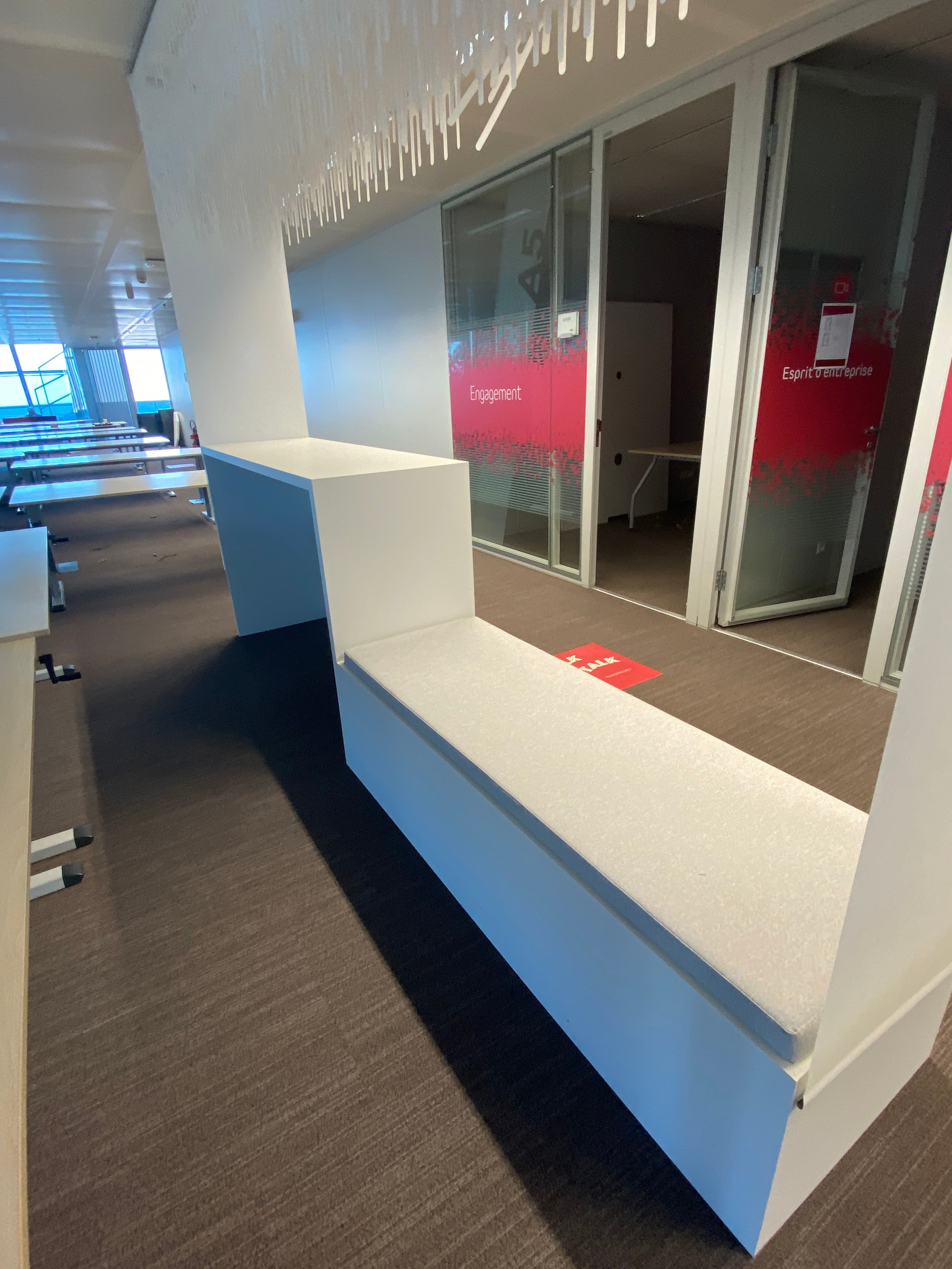 White wooden bench seat with grey fabric-0