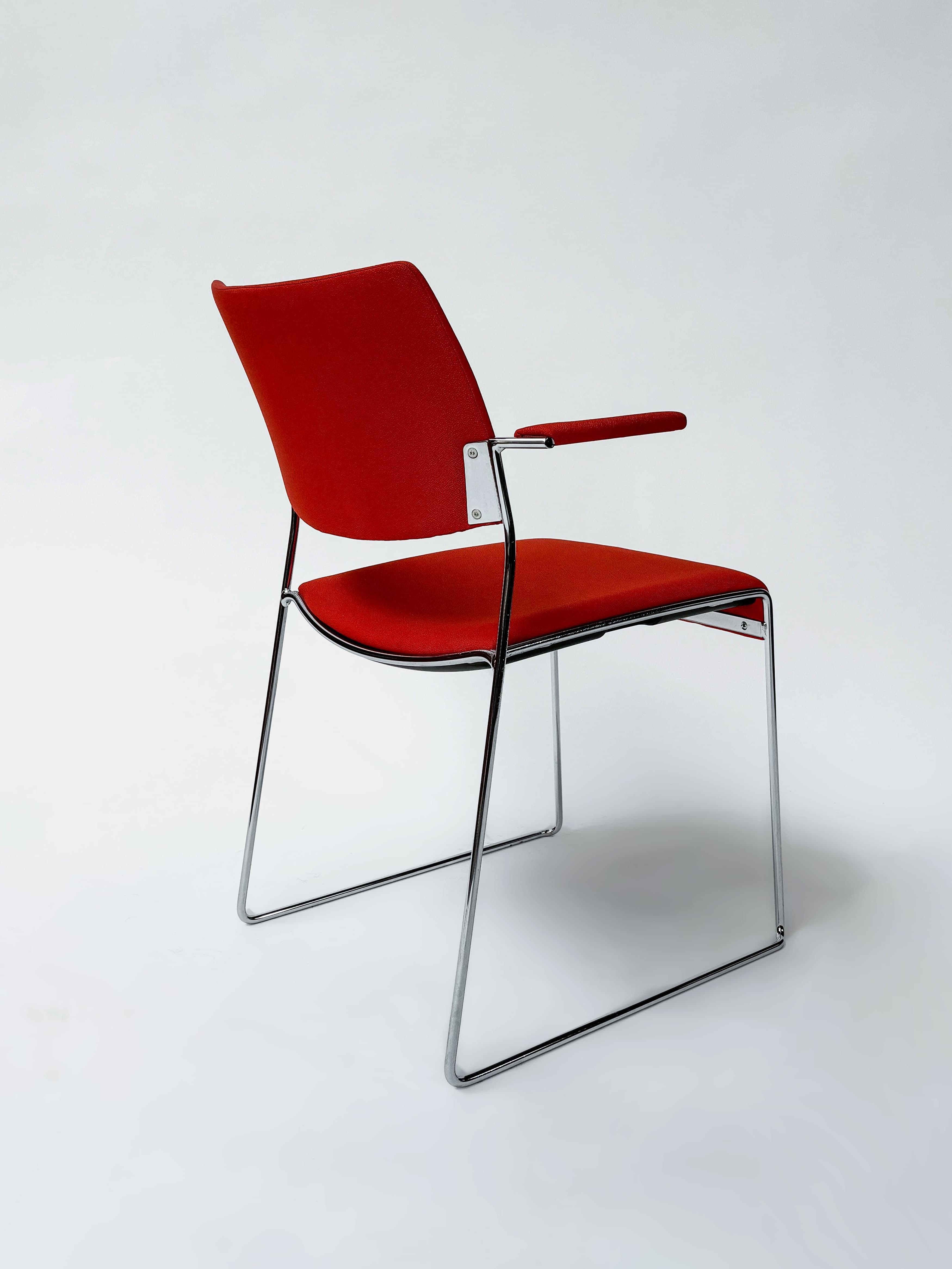 Red stackable meeting chairs with armrest and steel legs-2