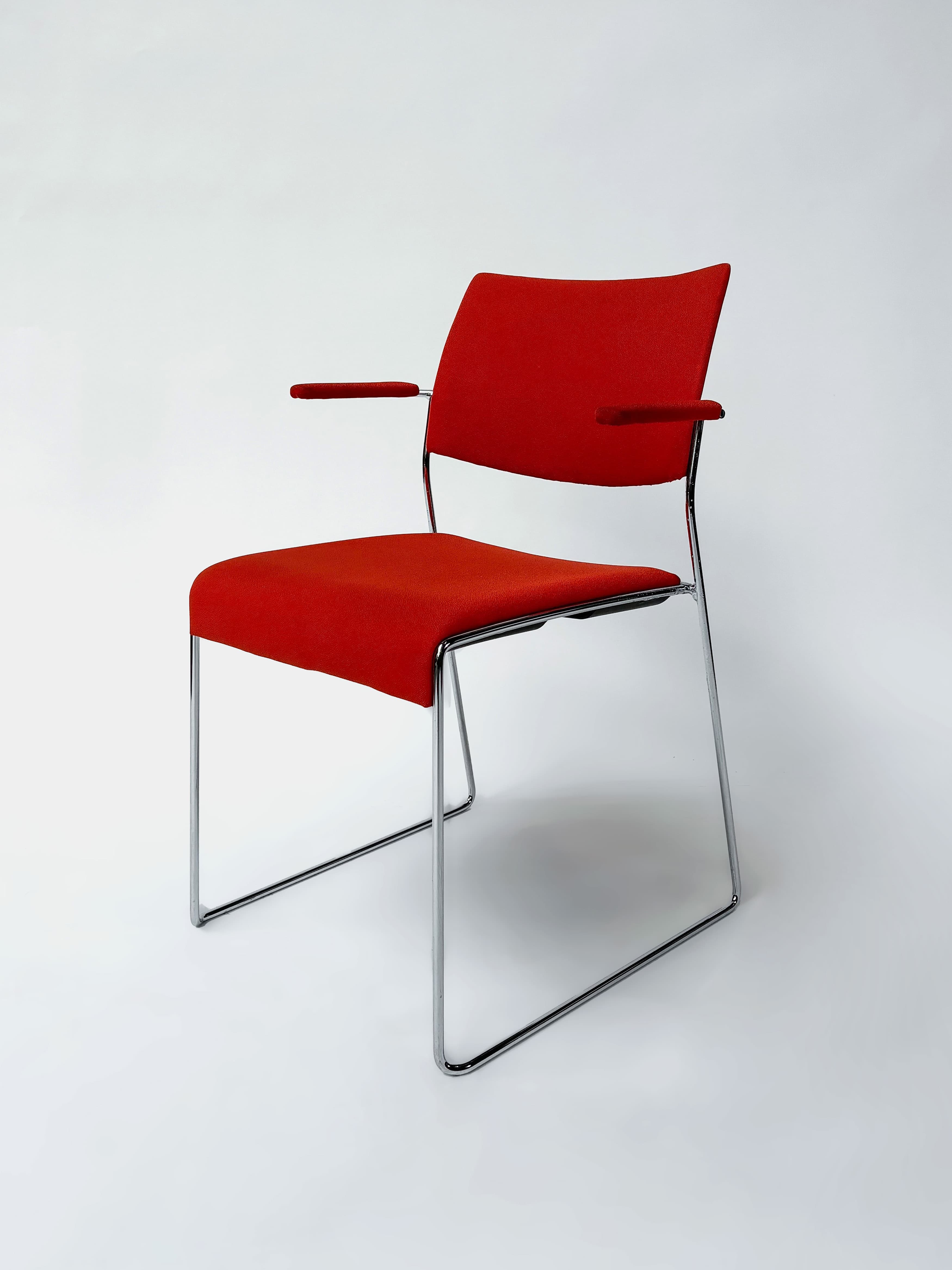 Red stackable meeting chairs with armrest and steel legs-4