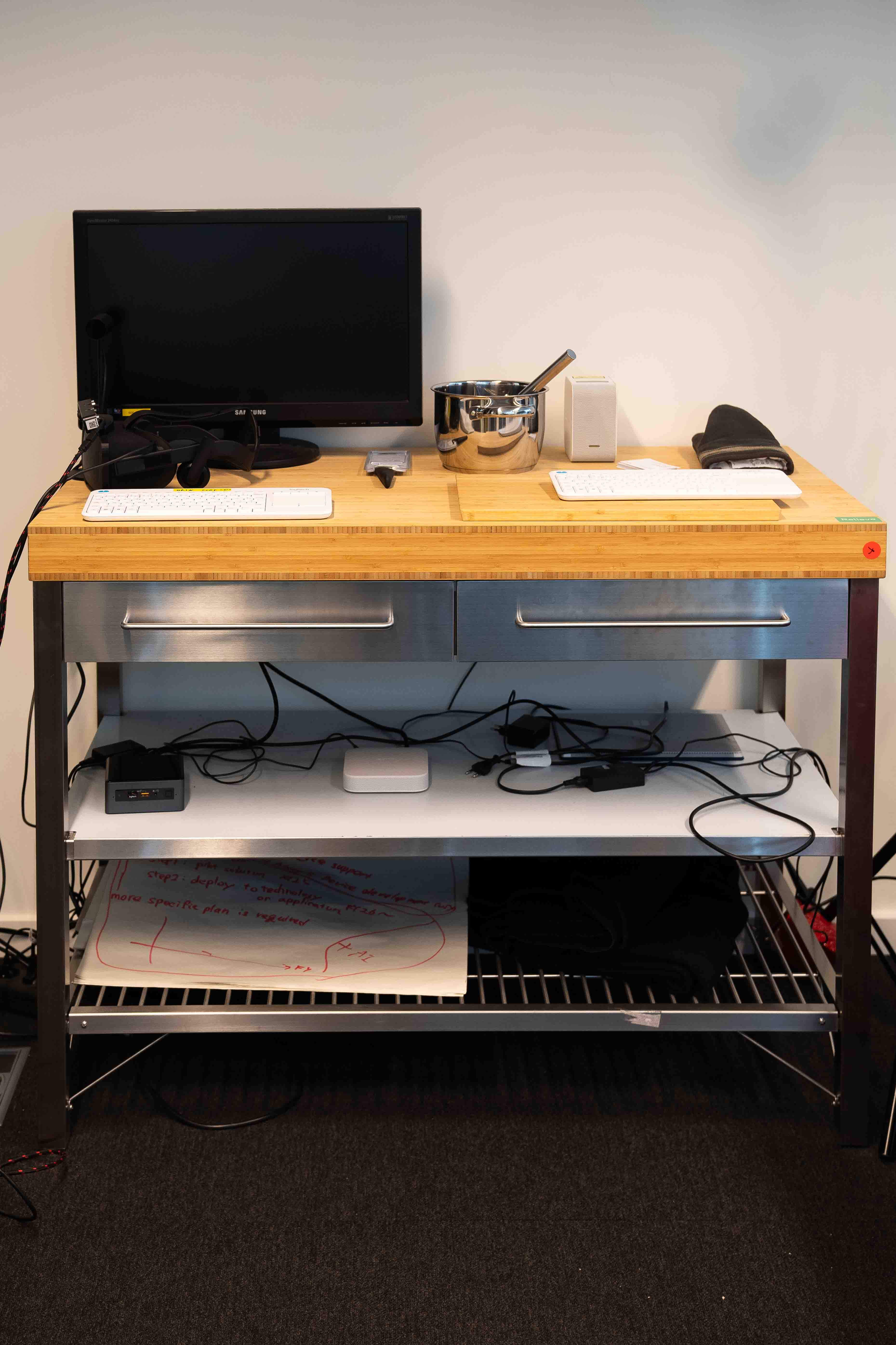 Natuurlijk Bamboe Roestvrij Staal Werkstation Bureau met laden en lagere planken-0