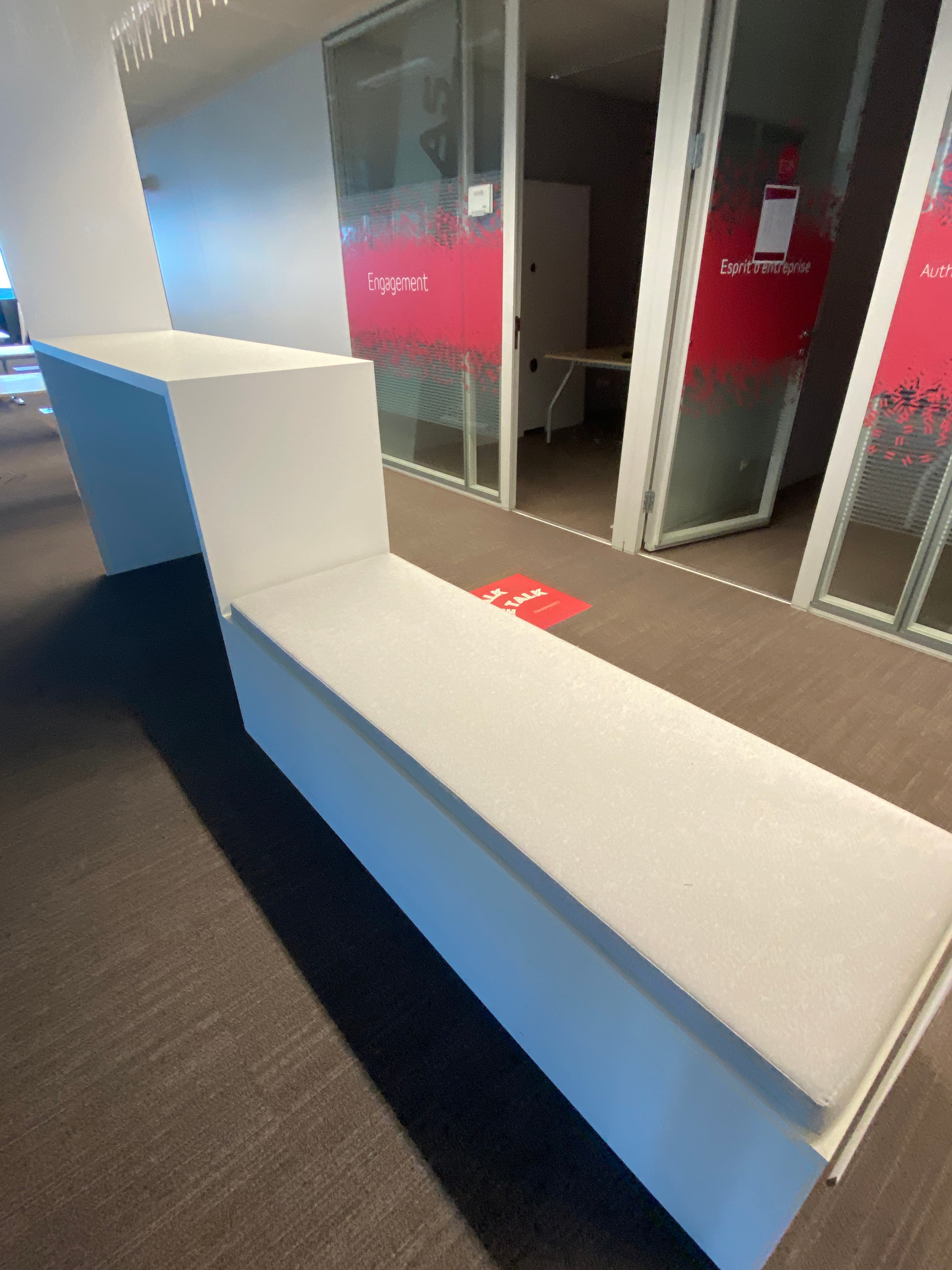 White wooden bench seat with grey fabric-2