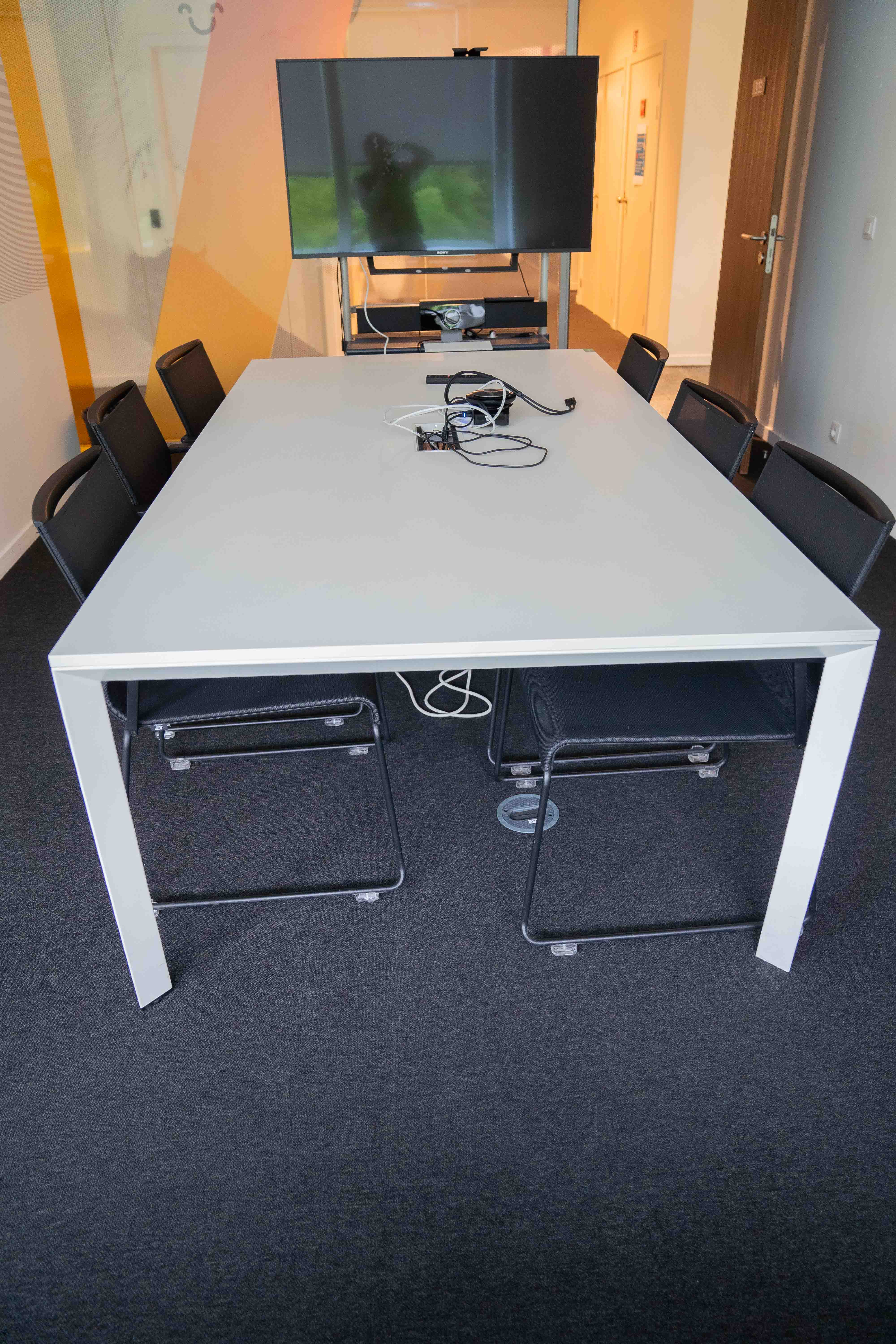 White Laminate Conference Table with Integrated Cable Management System-3