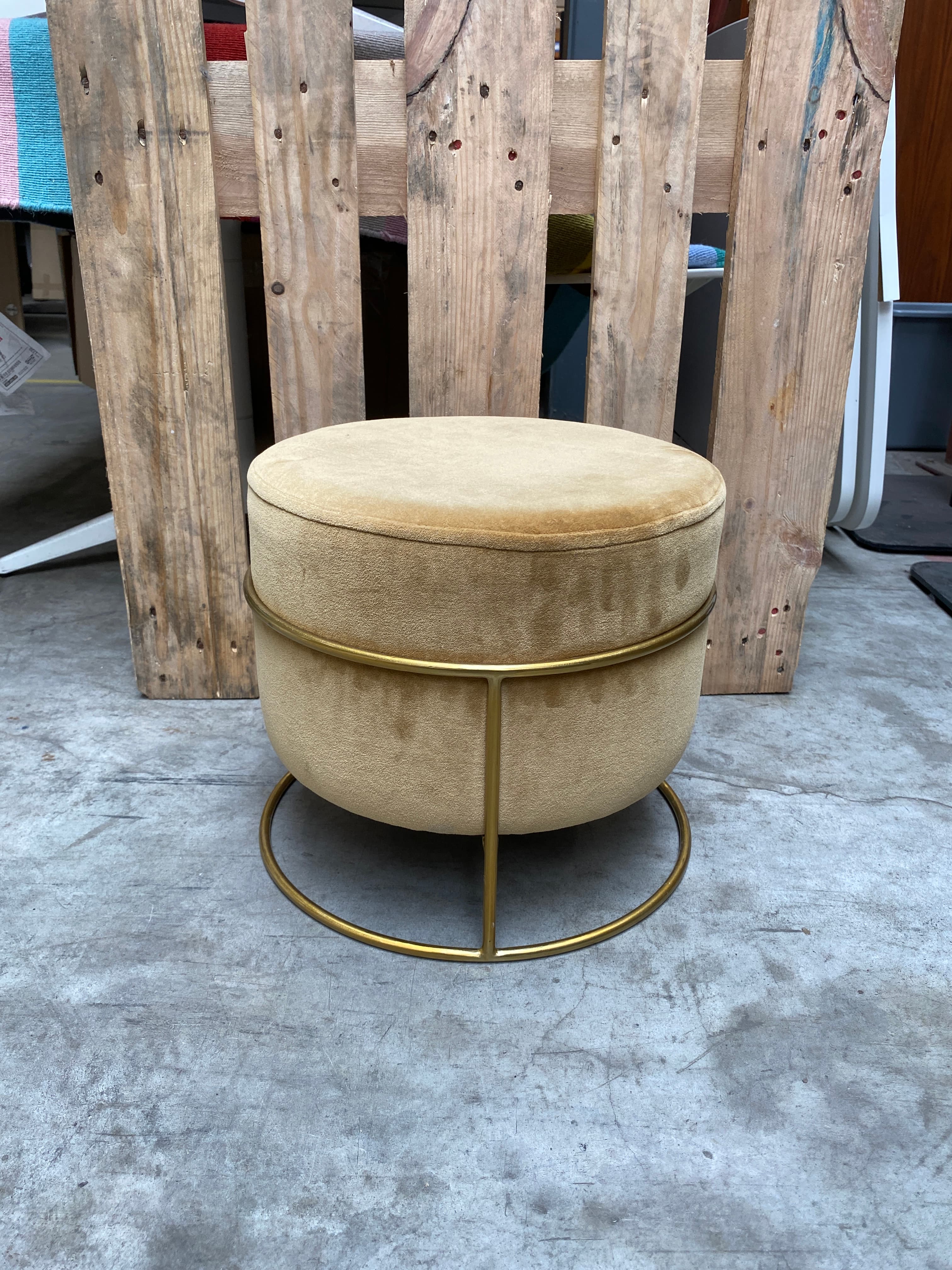 Yellow/Gold Velvet Ottoman with Golden Metal Base-1