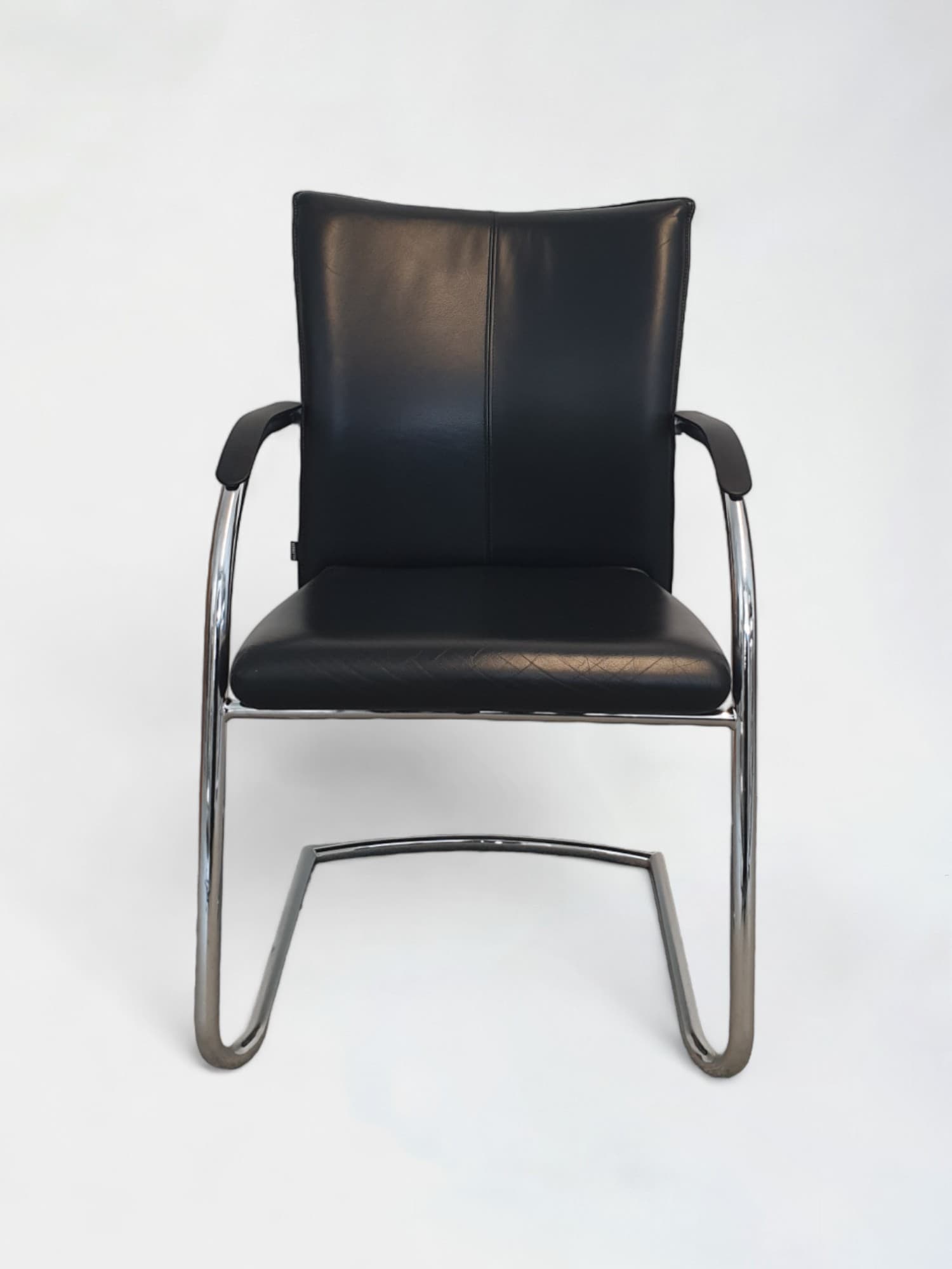 Stackable Black Leather Meeting Chair with Armrests and Chromed legs-3