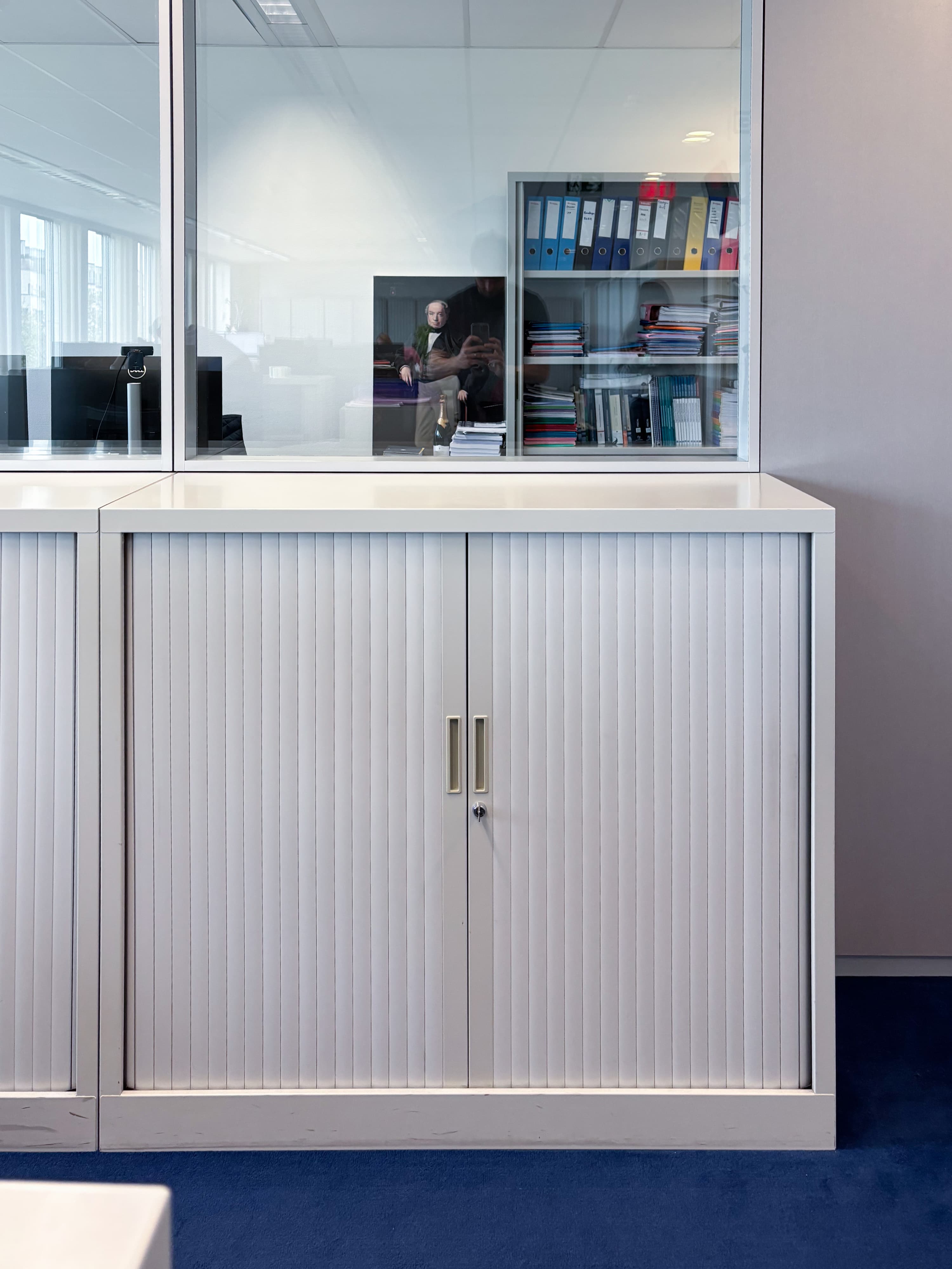 White Metal Cabinet with Slatted Doors and Lock Mechanism-3