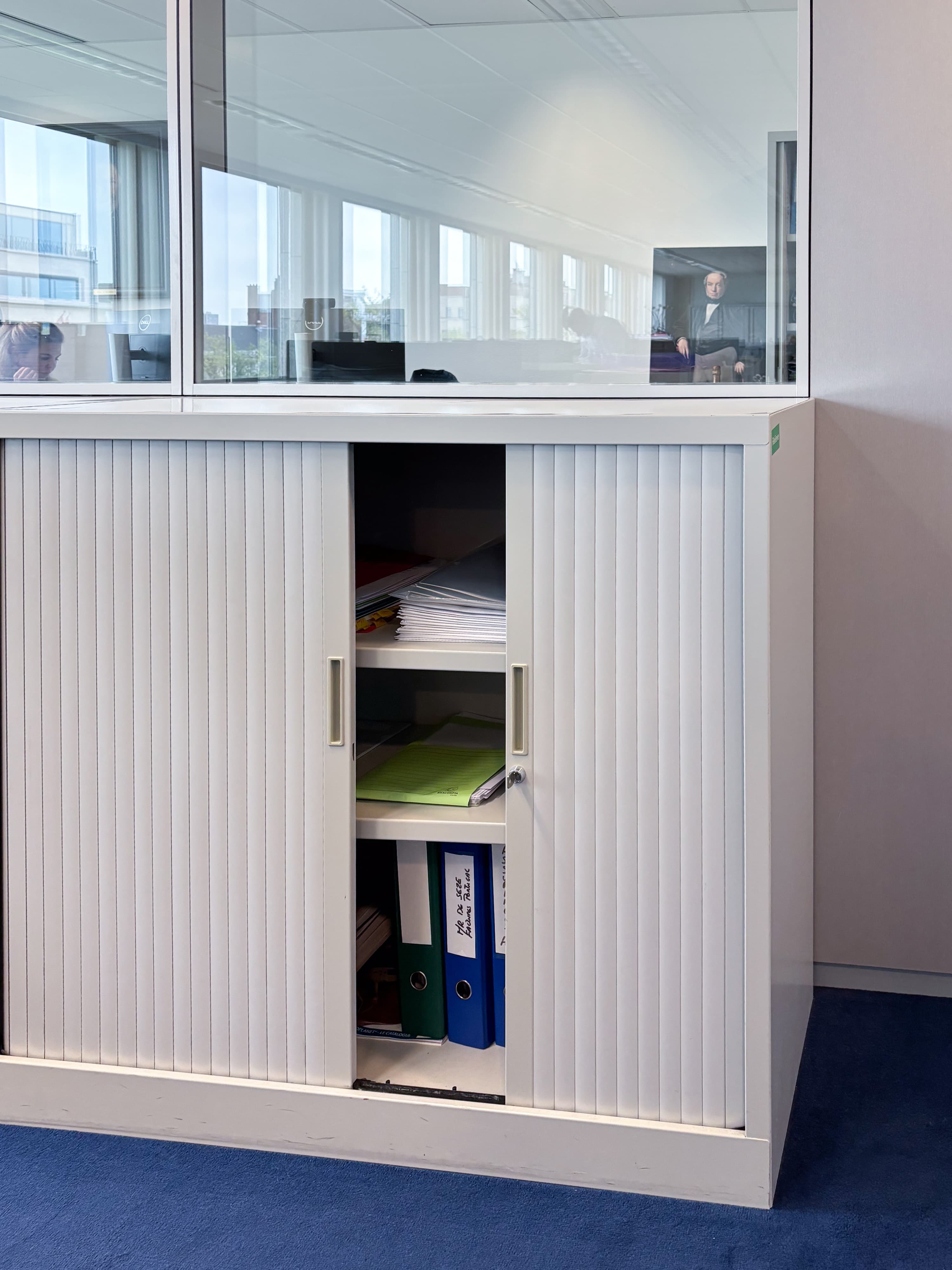 White Metal Cabinet with Slatted Doors and Lock Mechanism-1