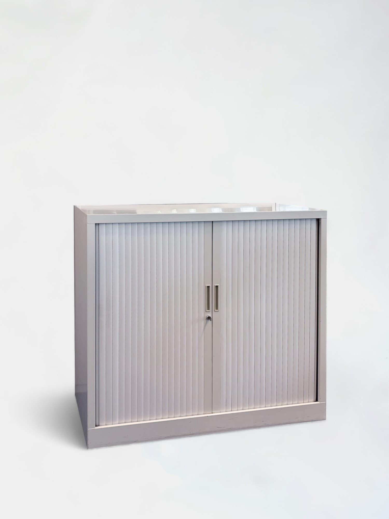 White Metal Cabinet with Slatted Doors and Lock Mechanism-0