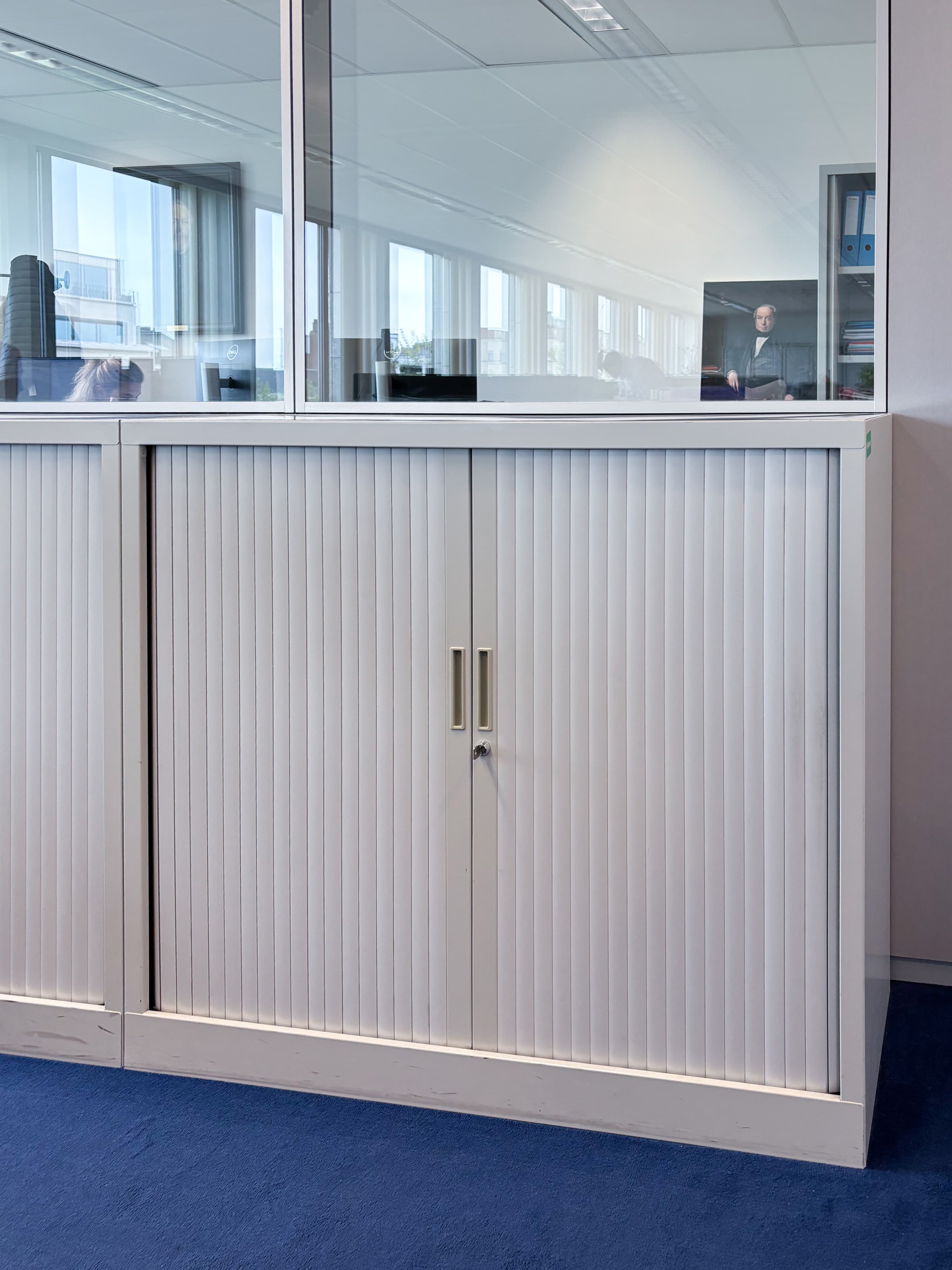 White Metal Cabinet with Slatted Doors and Lock Mechanism-2