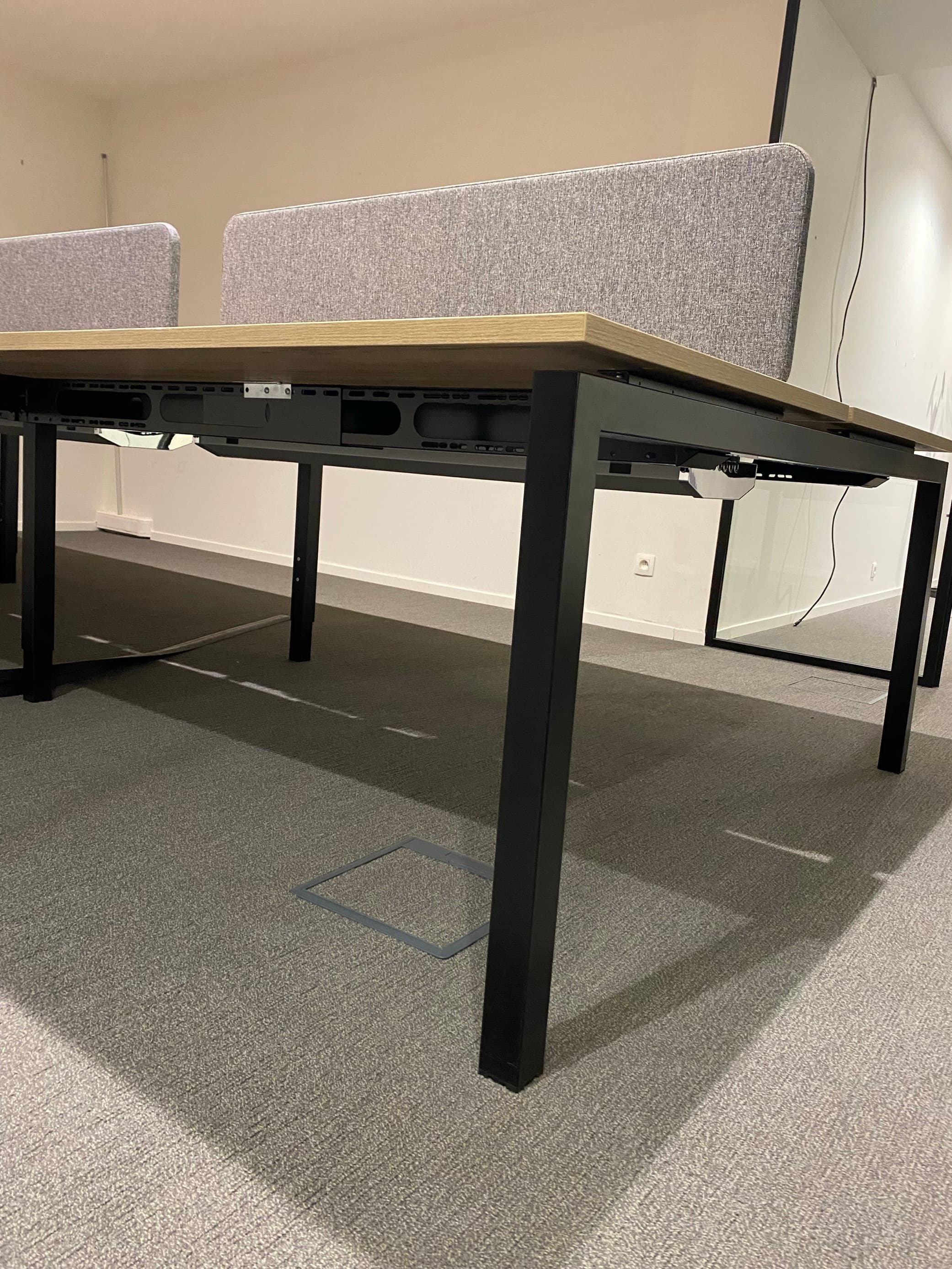 6x persons wood top bench desks with metal black legs and grey separator-1