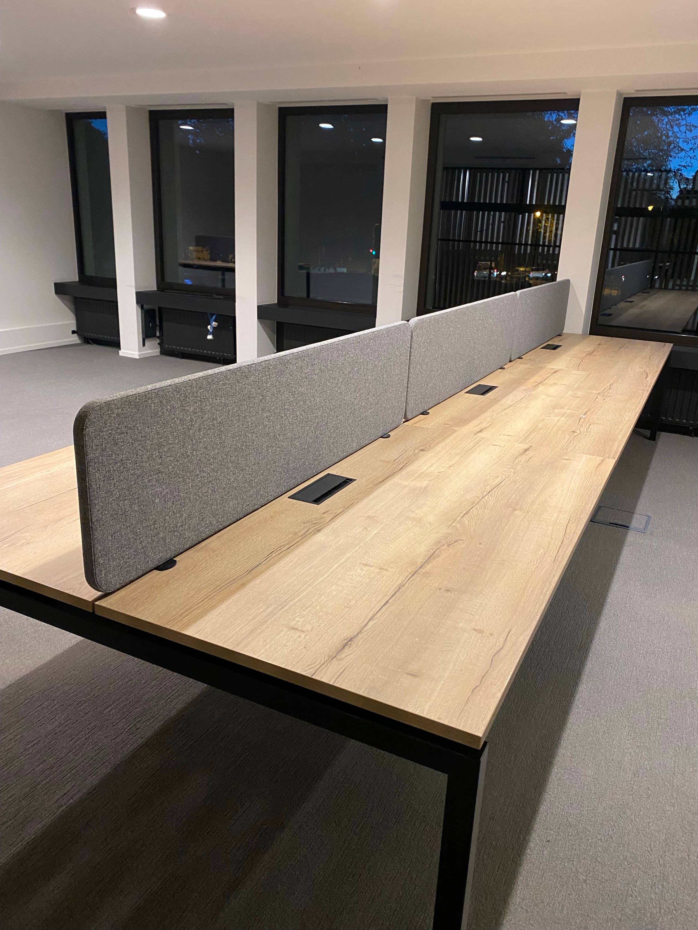 6x persons wood top bench desks with metal black legs and grey separator-2