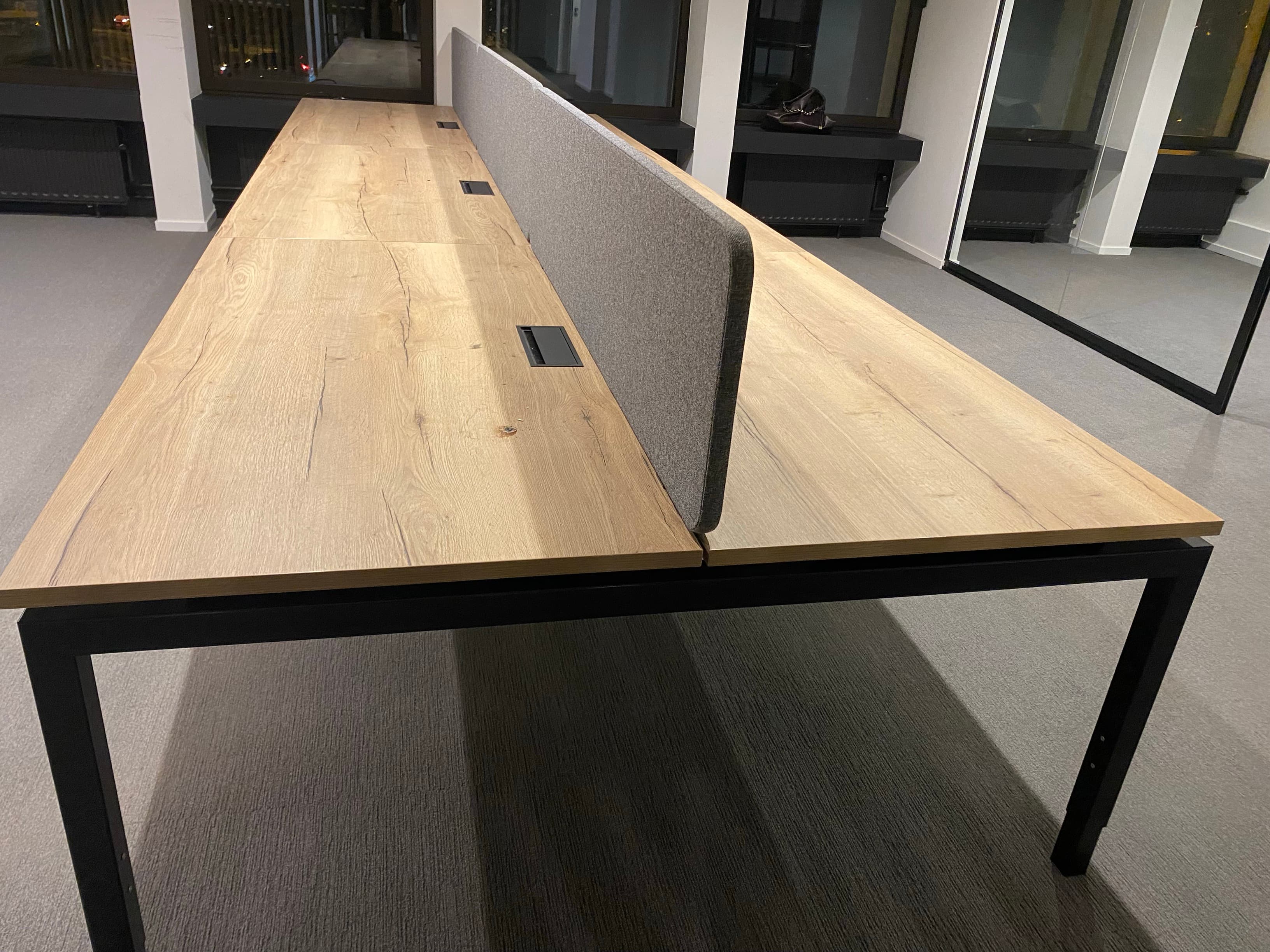 6x persons wood top bench desks with metal black legs and grey separator-5