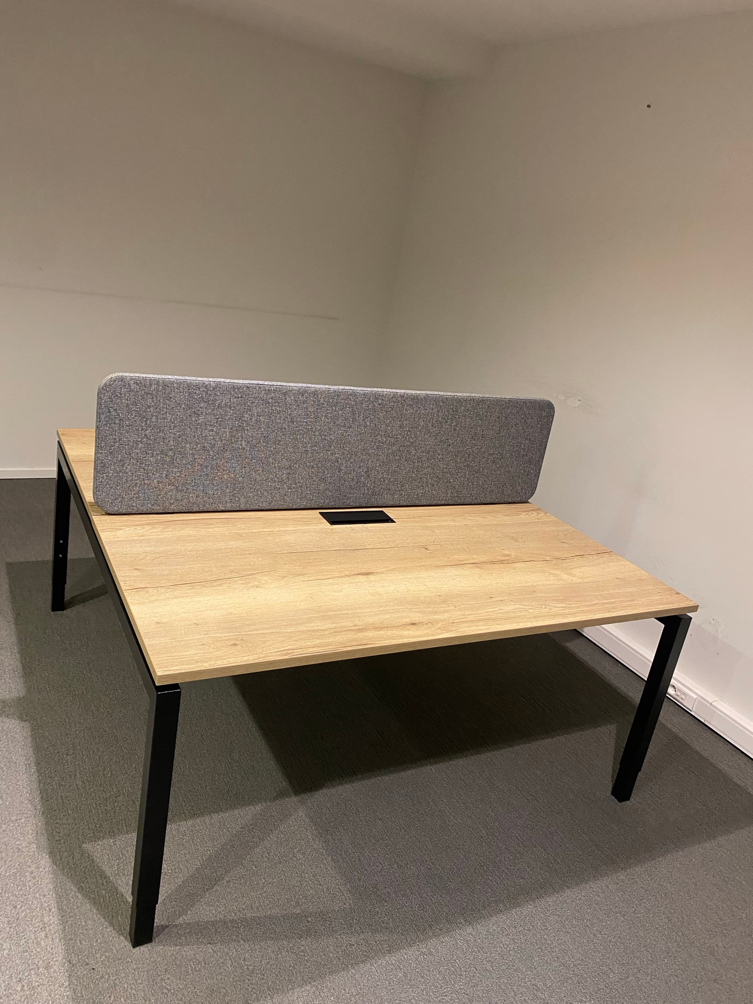 160cm Duo wood top desks with adjustable metal black legs and grey separator-1