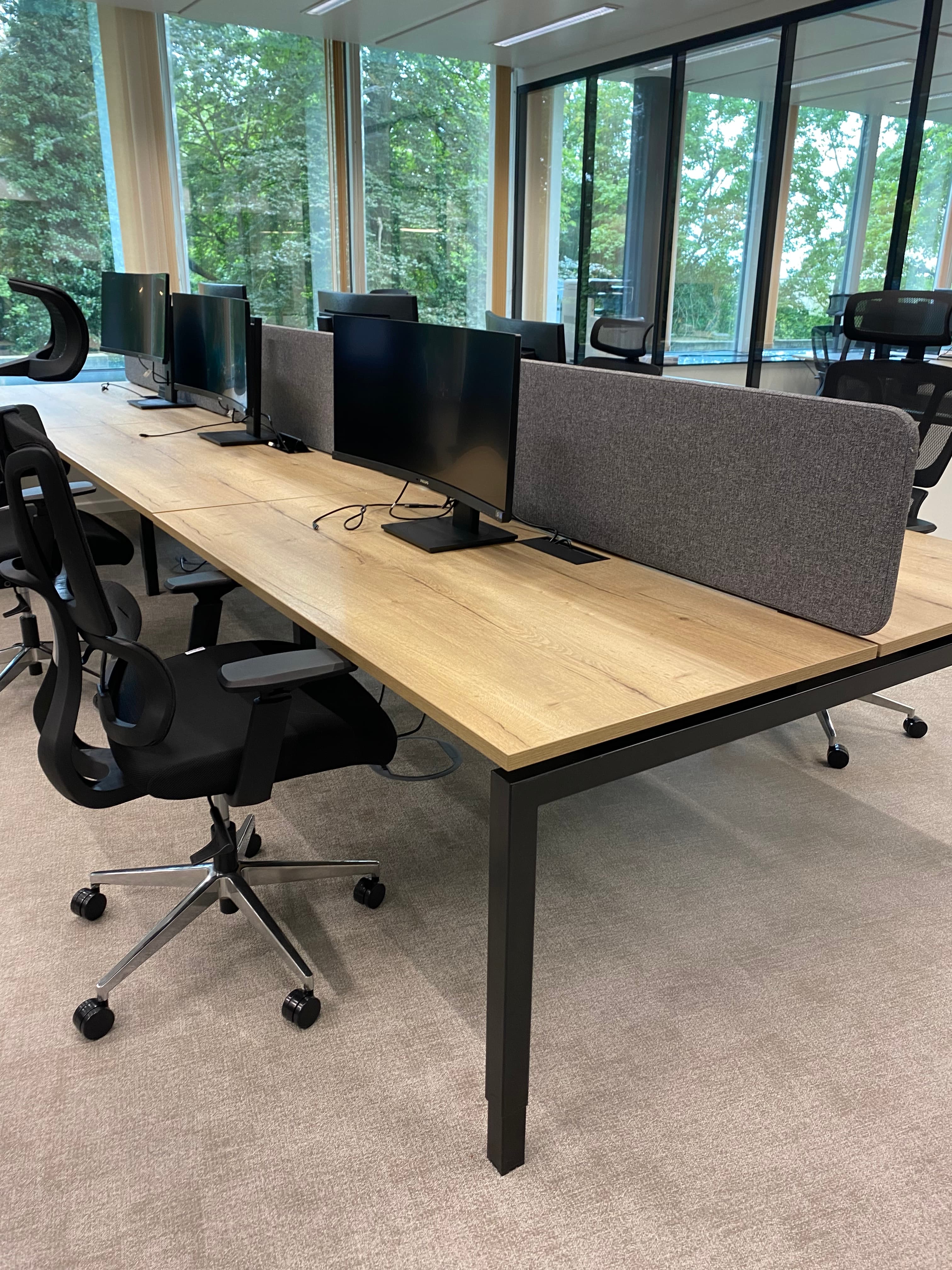 6x persons wood top bench desks with metal black legs and grey separator-0