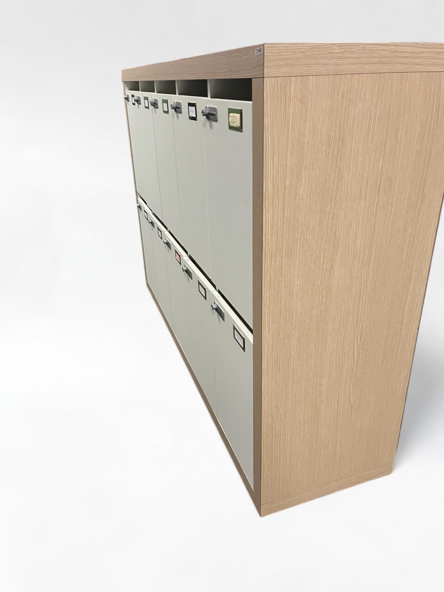 Beige lockers with multiple compartments and wooden structure with code-1