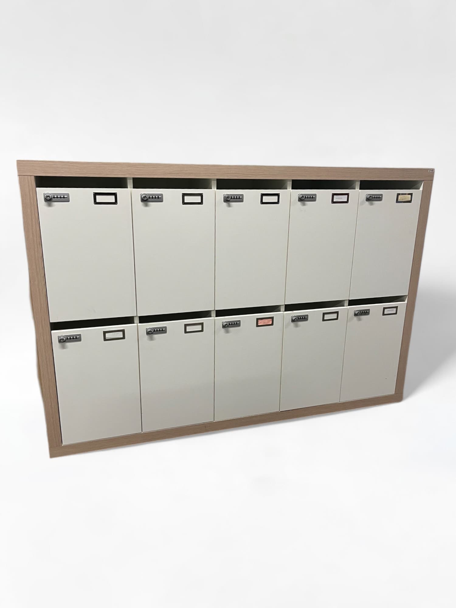 Beige lockers with multiple compartments and wooden structure with code-0
