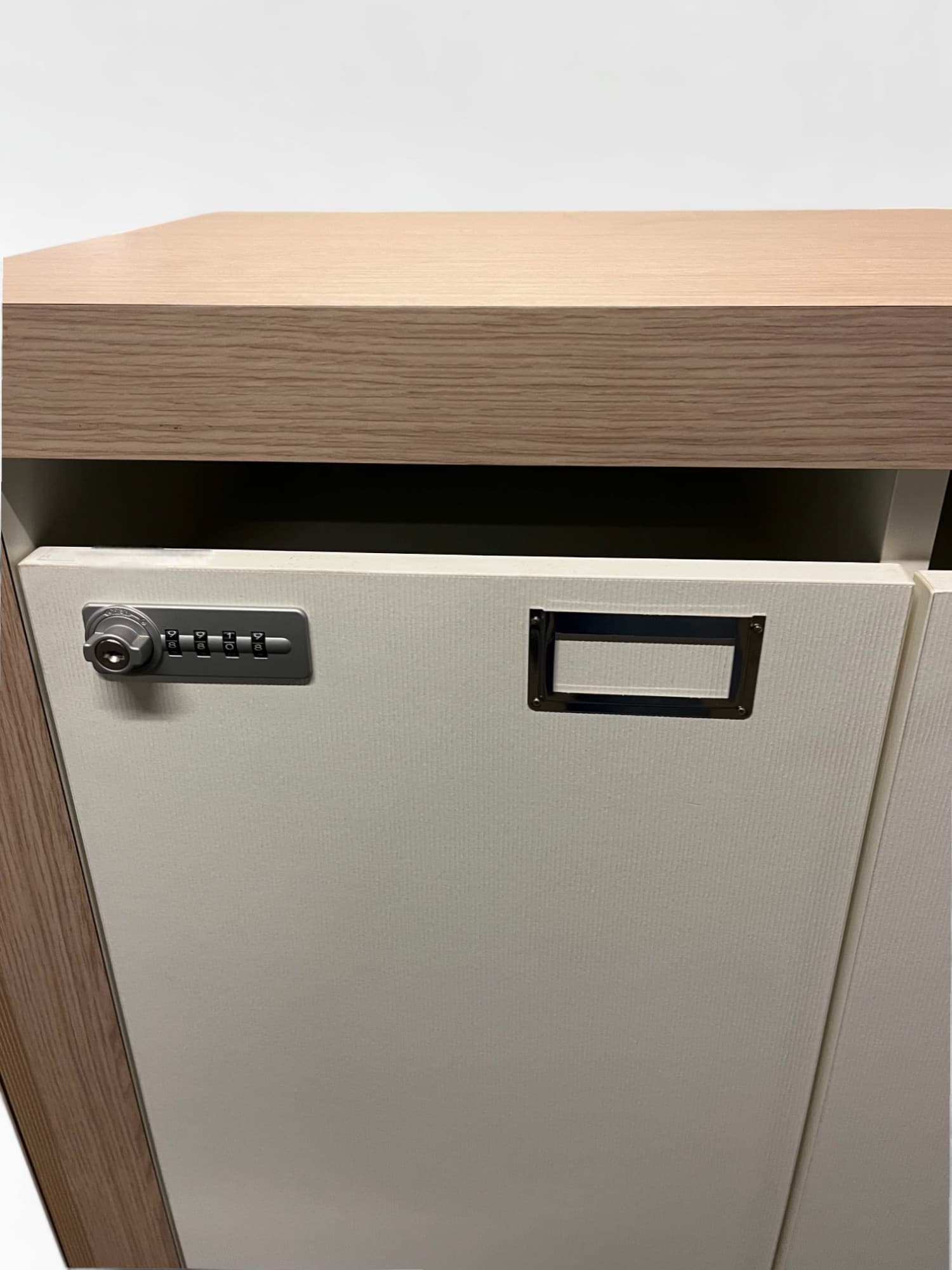 Beige lockers with multiple compartments and wooden structure with code-3
