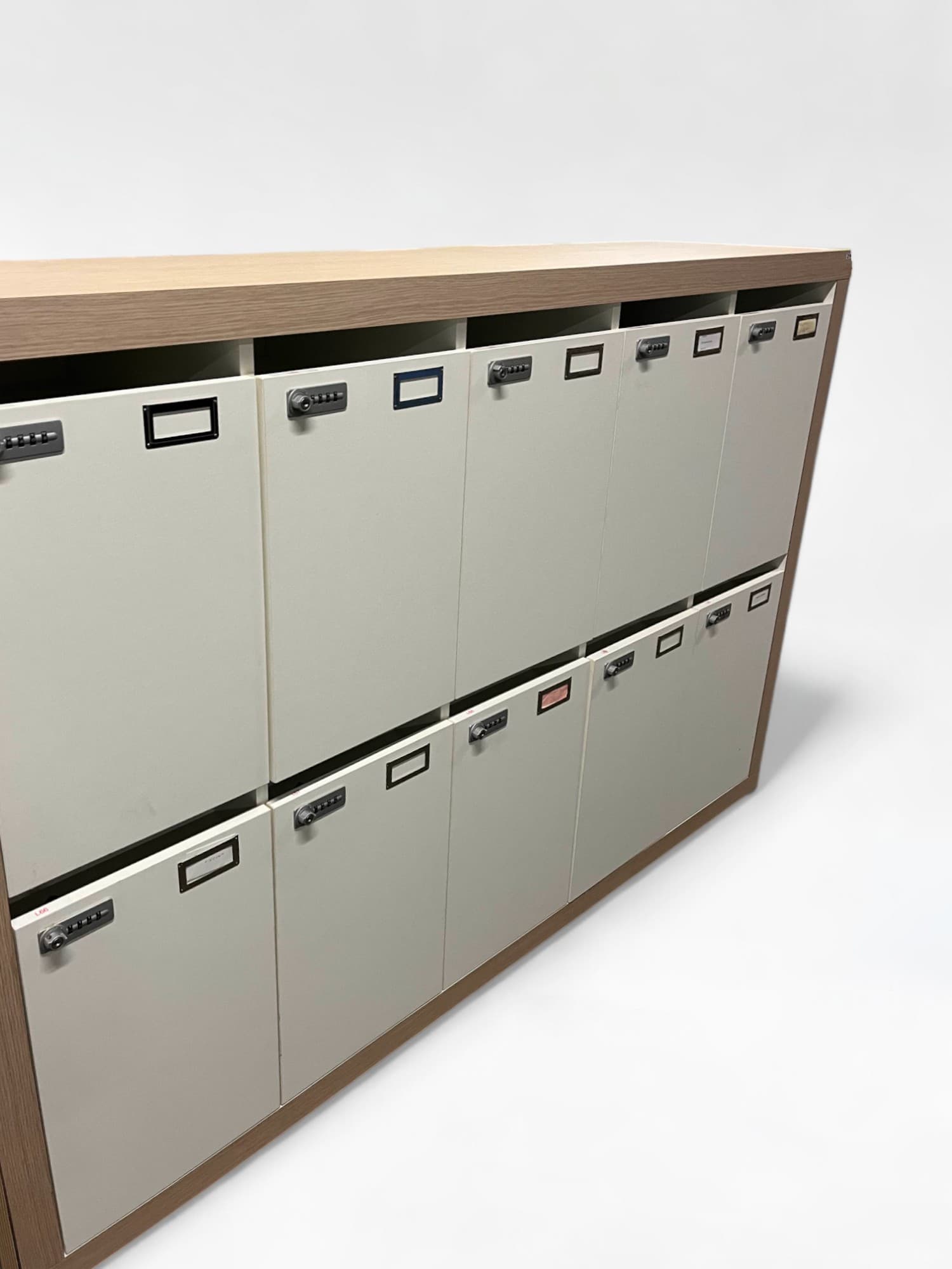 Beige lockers with multiple compartments and wooden structure with code-2