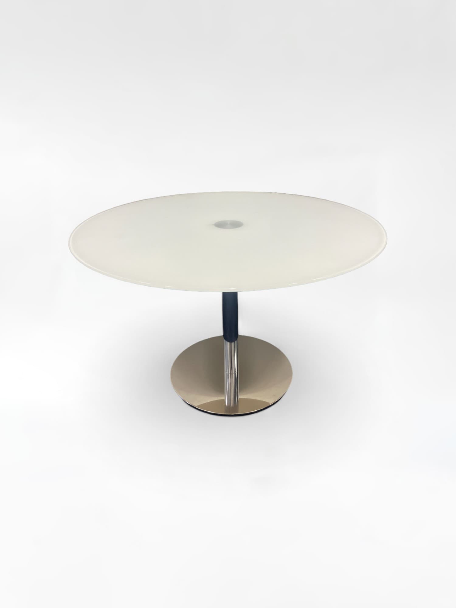 120cm Witte glazen ronde tafel met metalen onderstel