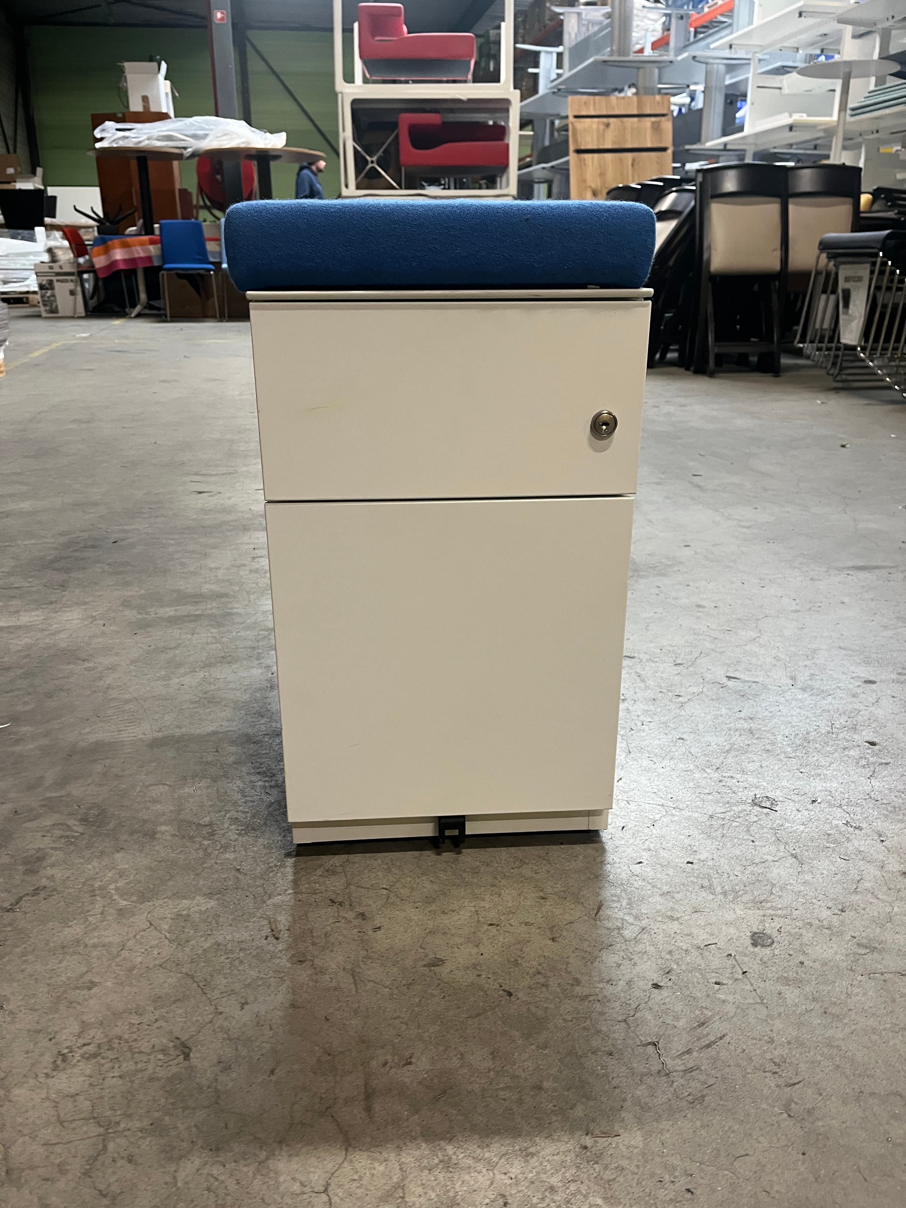 White drawer unit with fabric blue cushion top-2