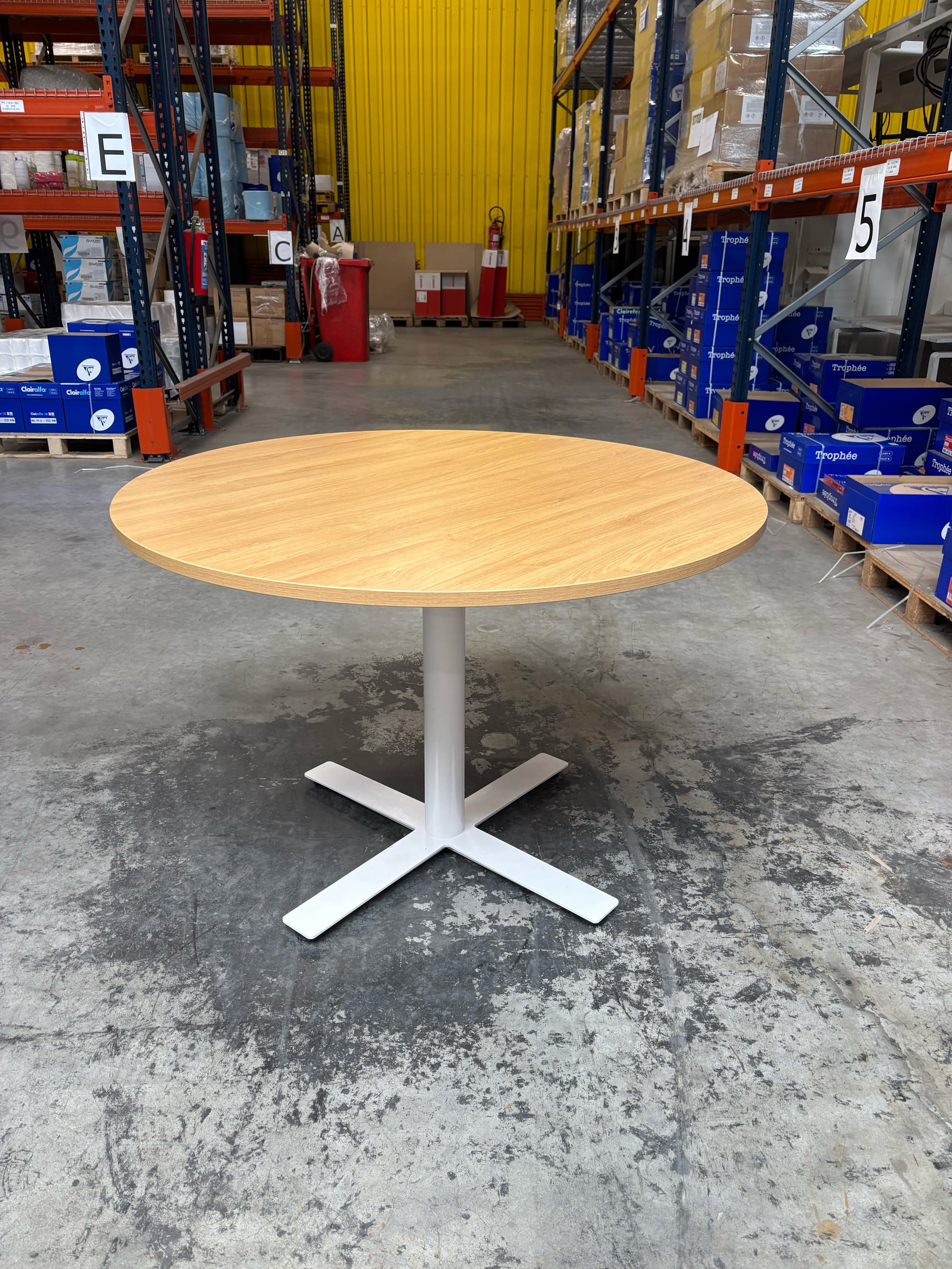 110 cm Round Oak Table with White Metal Base-0