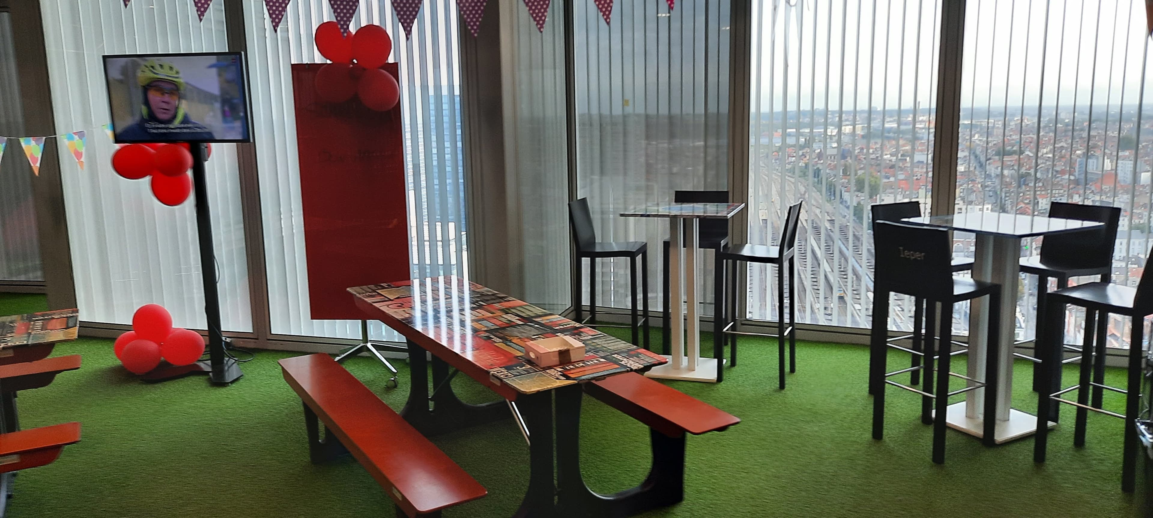 Orange outside table with collage and integrated bench foldable-1