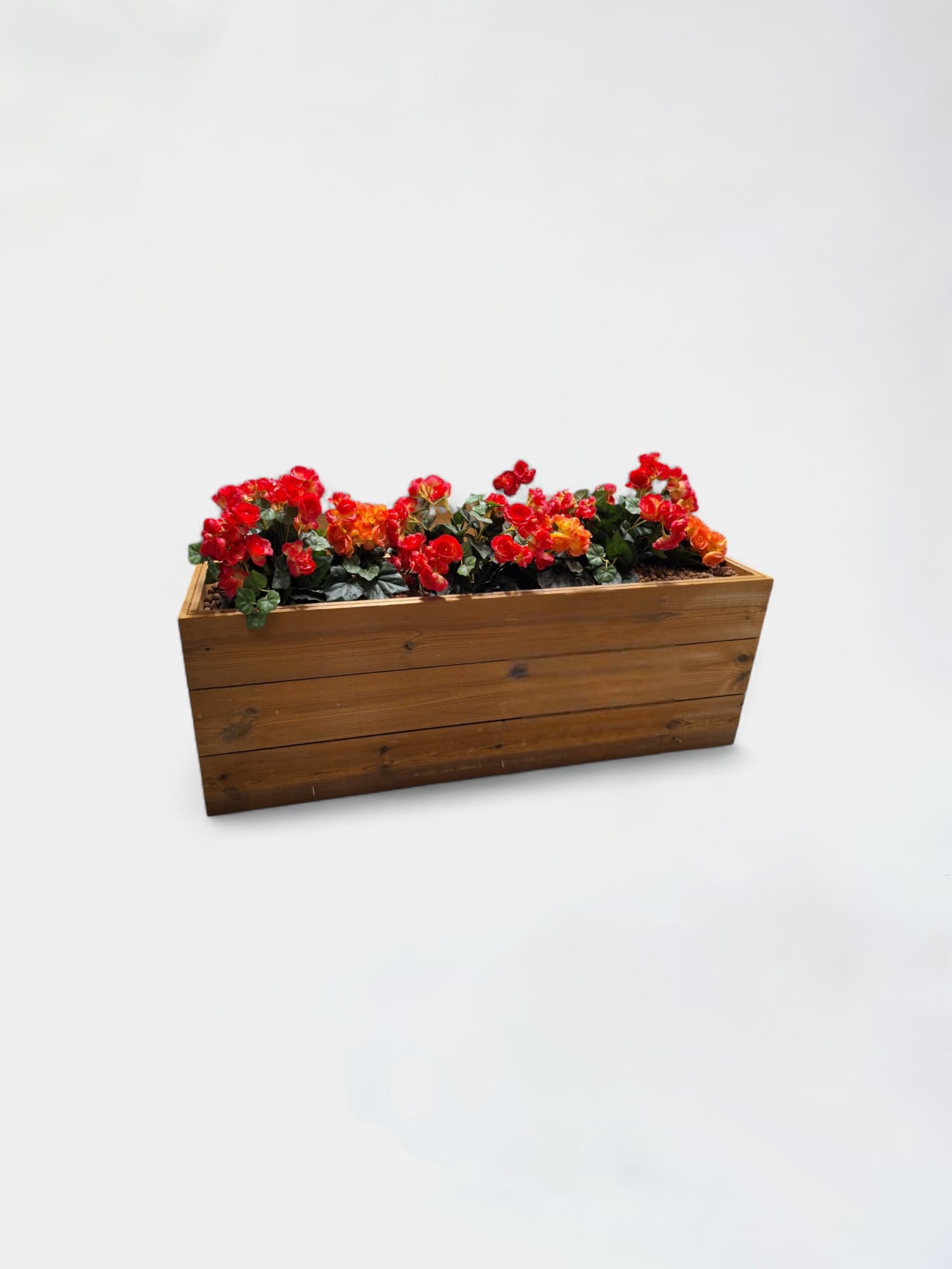 Fake red flowers in wooden pot-0