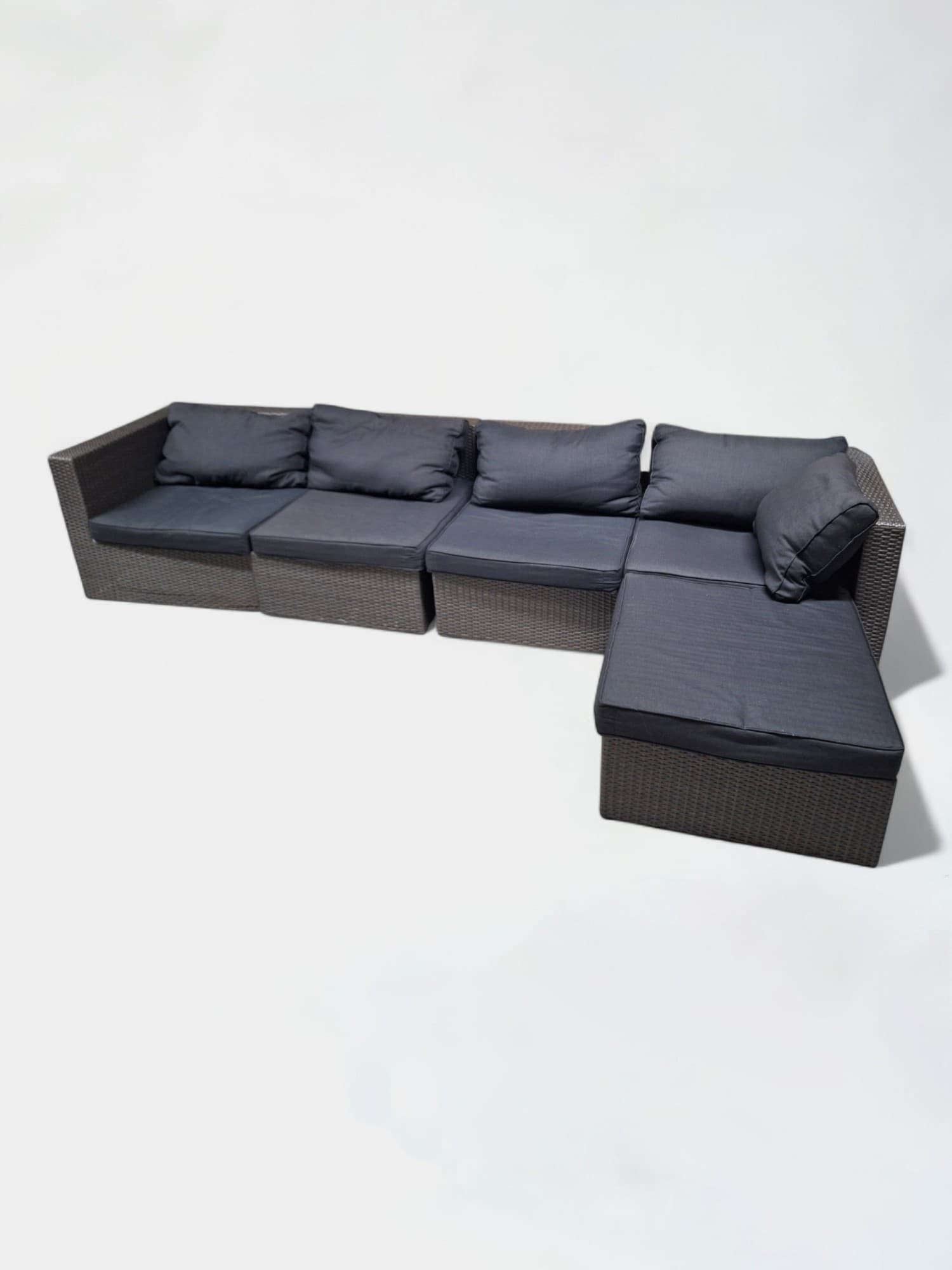 Brown plastic wicker outside modulable sofa with black cushions-1