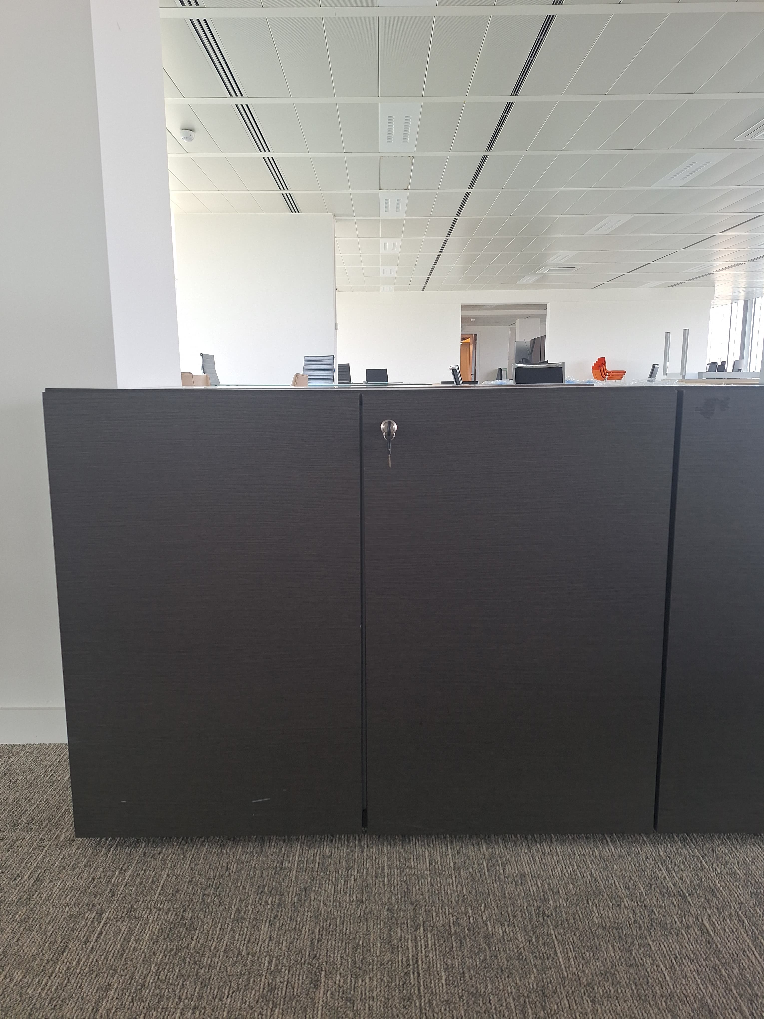 Dark Grey wood storage cabinet with locking mechanism. Signs of use at the bottom-3