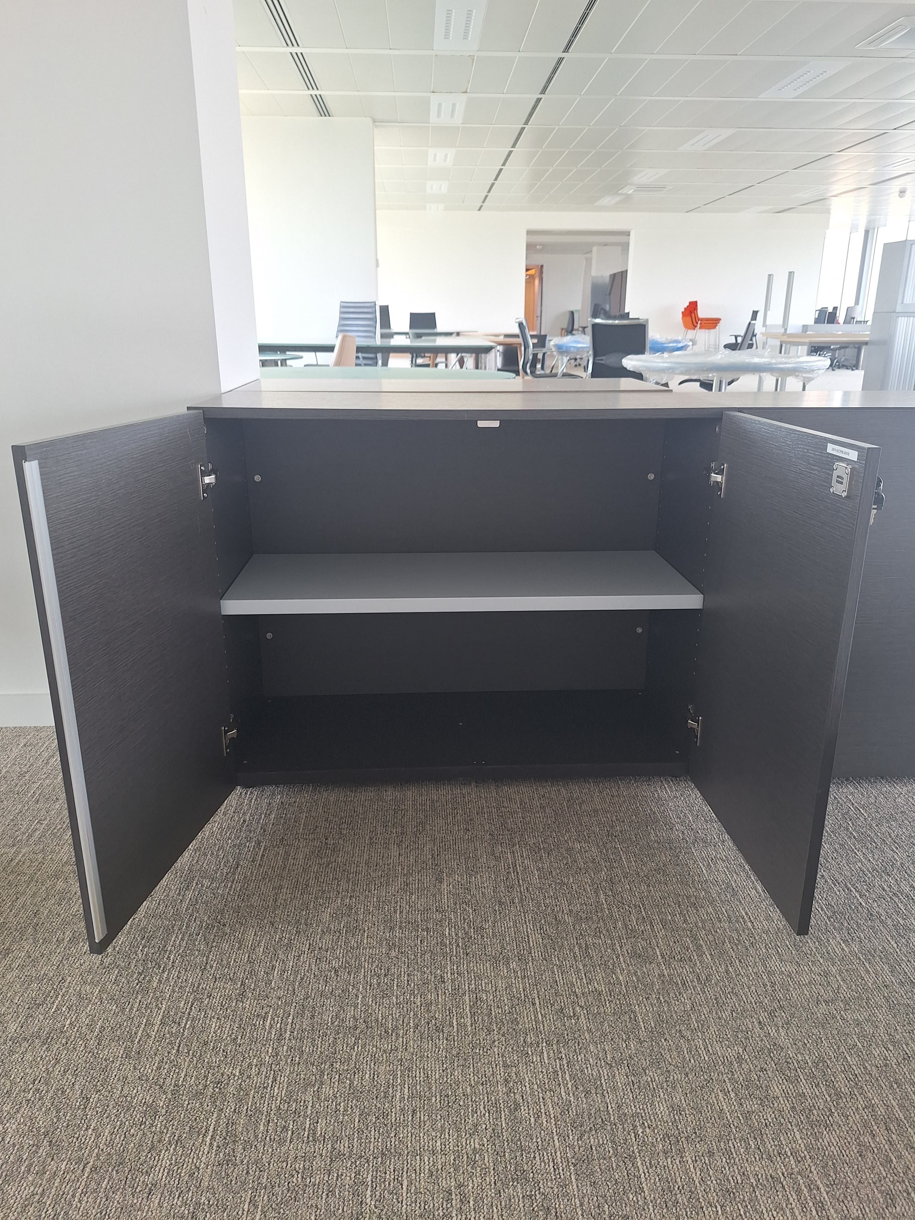 Dark Grey wood storage cabinet with locking mechanism. Signs of use at the bottom-1