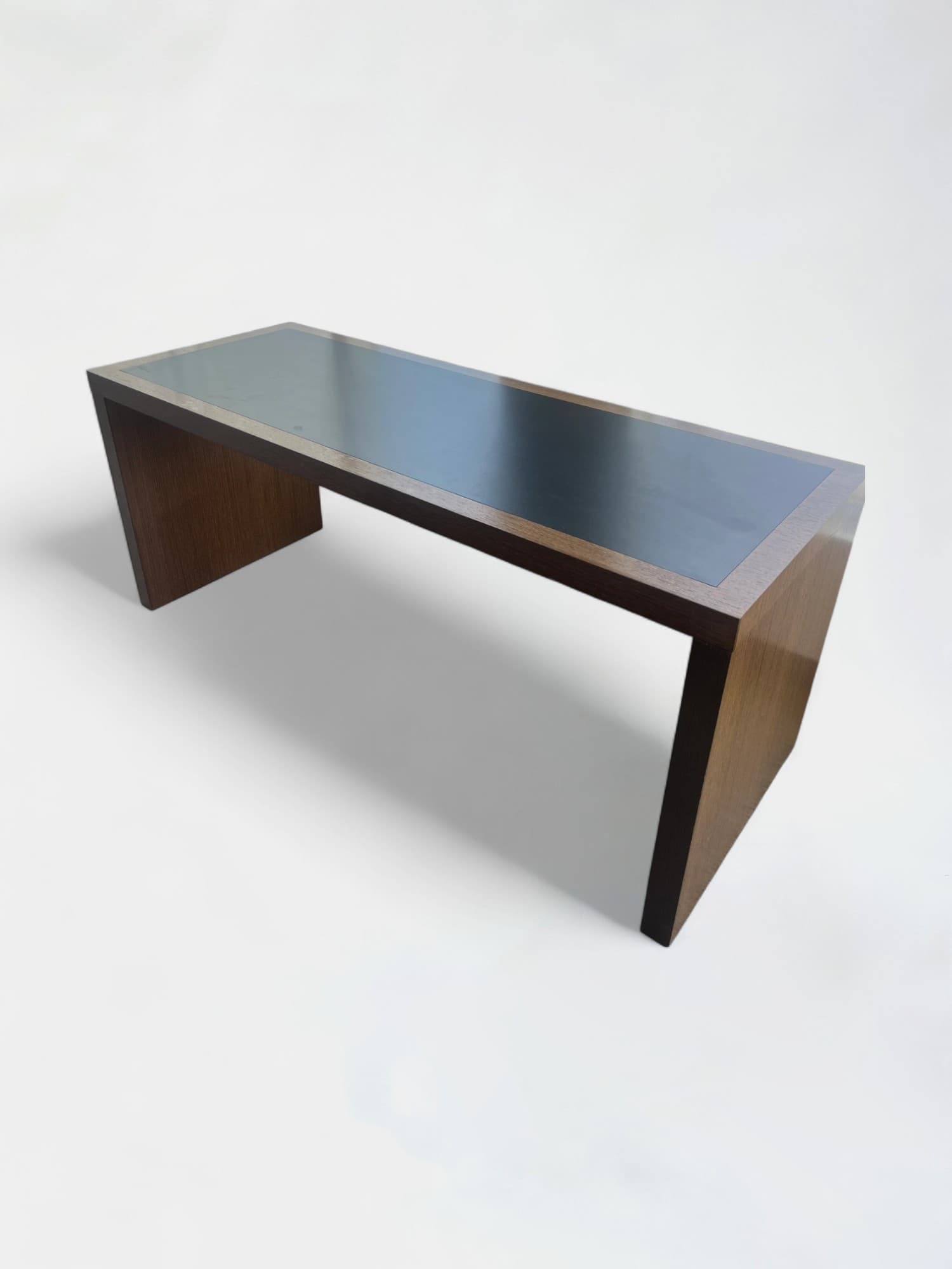 Brown wood rectangular table with a black top-1