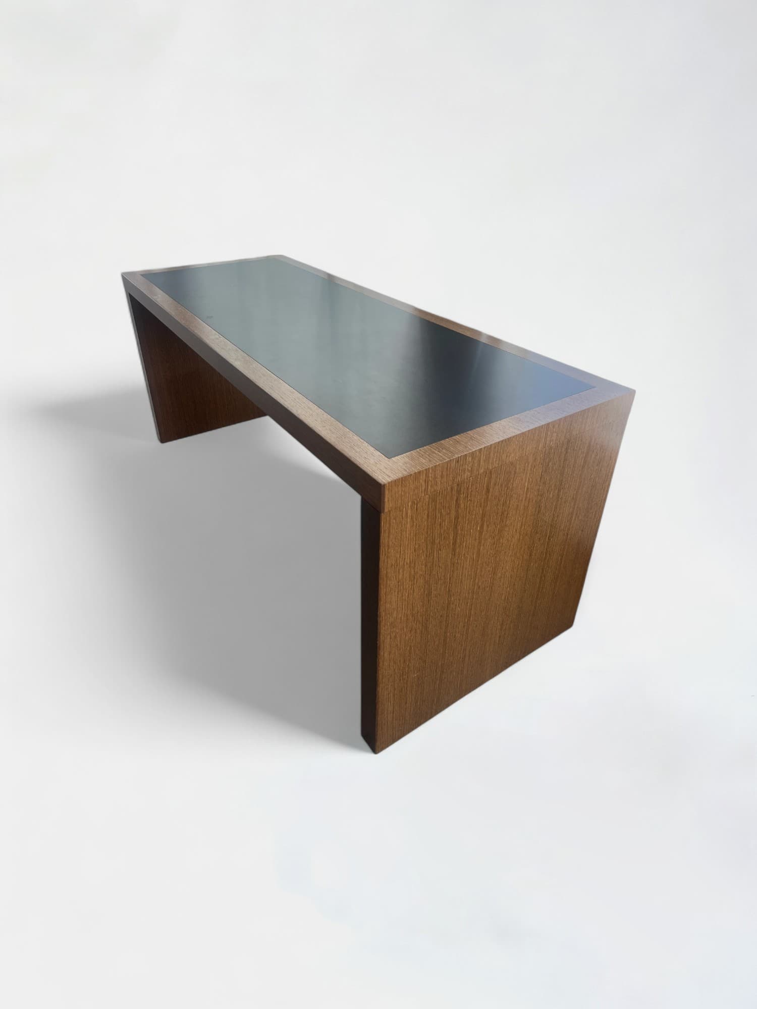 Brown wood rectangular table with a black top-0