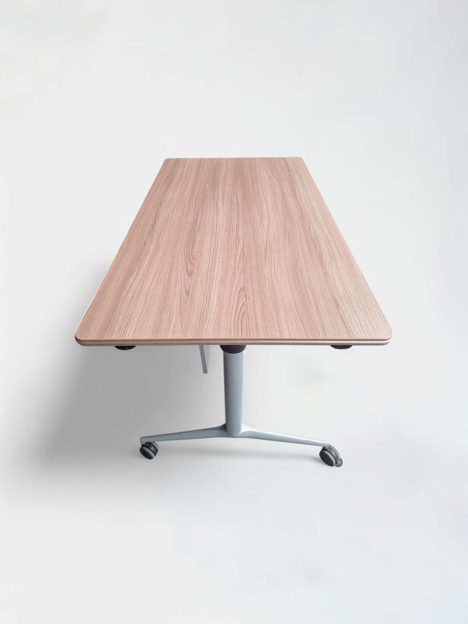Folding Light Oak Wood Grain Modular Conference Table with Integrated Power Outlets on wheels