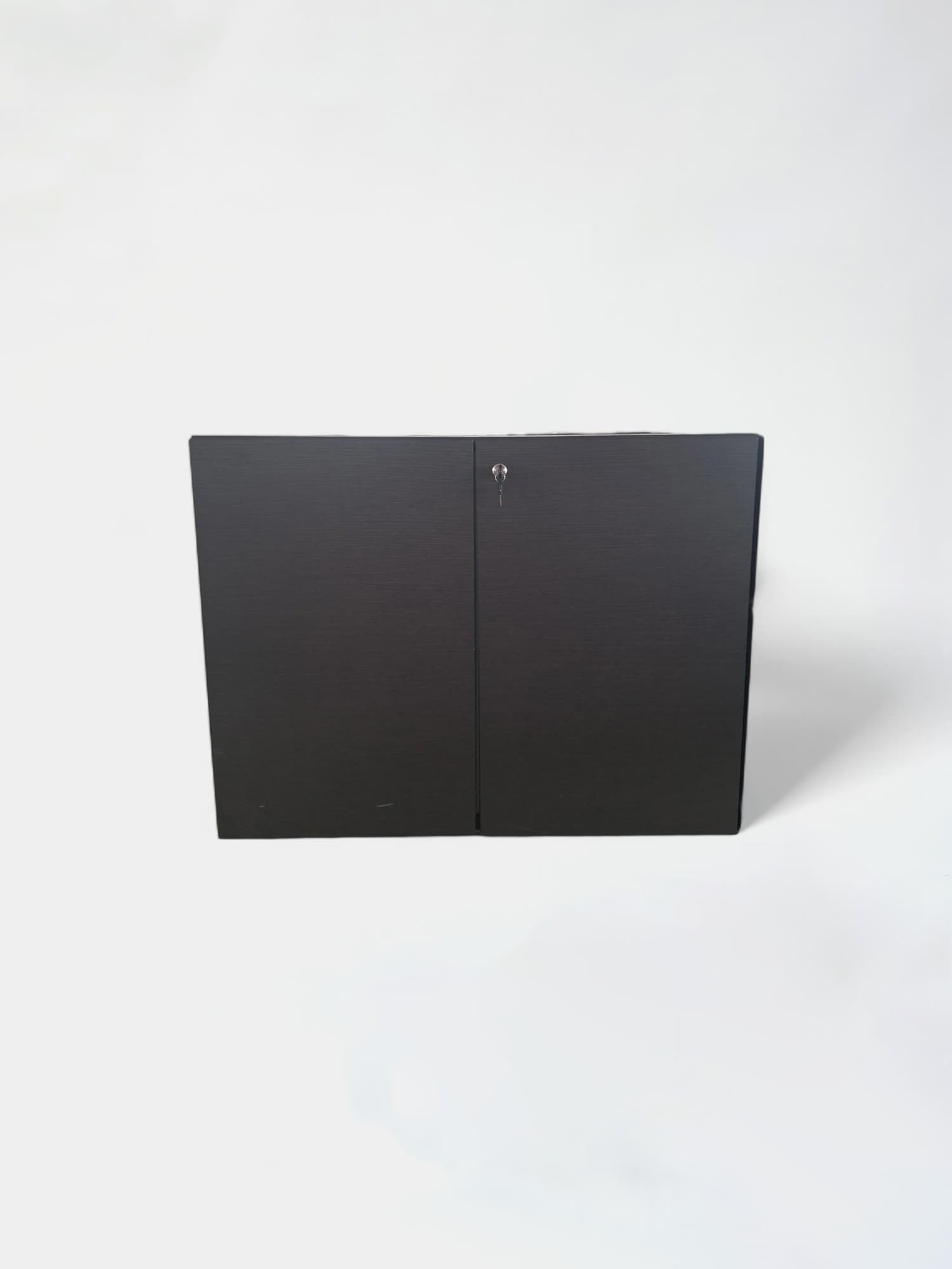 Dark Grey wood storage cabinet with locking mechanism. Signs of use at the bottom-0