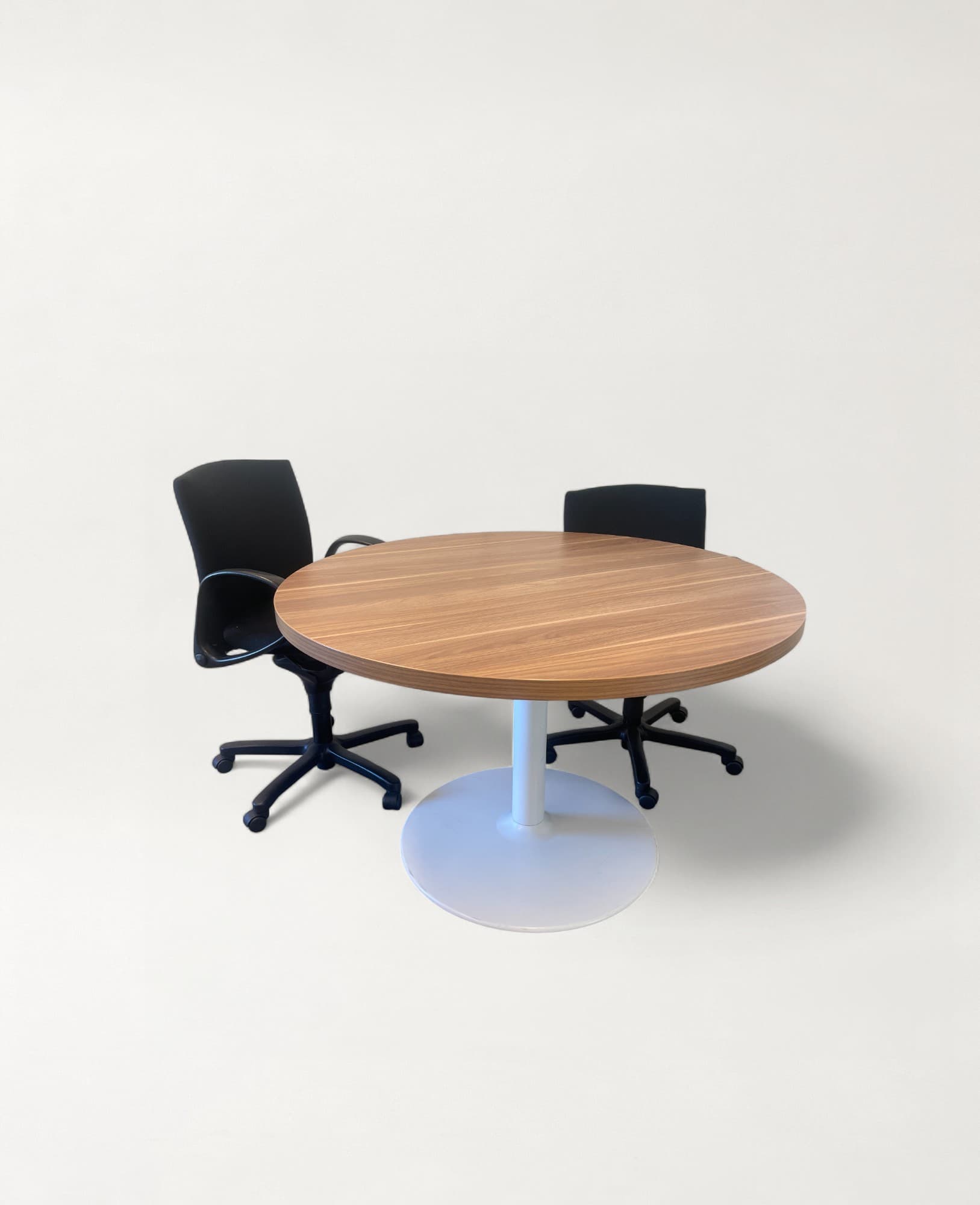 Brown Wood Round Table with White Metal Base
