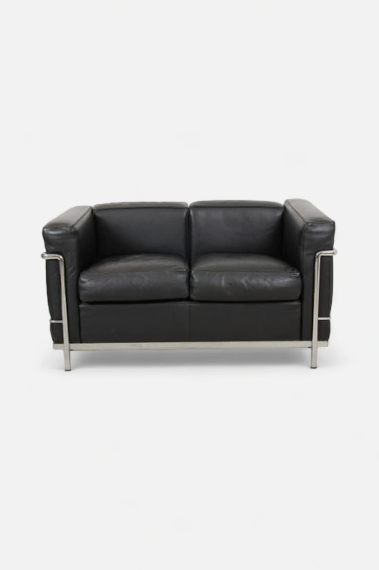 Canapé 2 places en cuir noir, inspiration Cassina -0